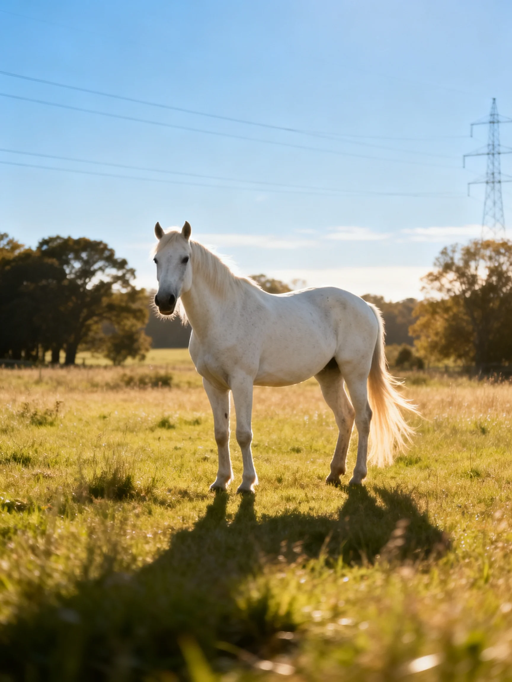 A solitary white horse in a sun-drenched grassy meadow