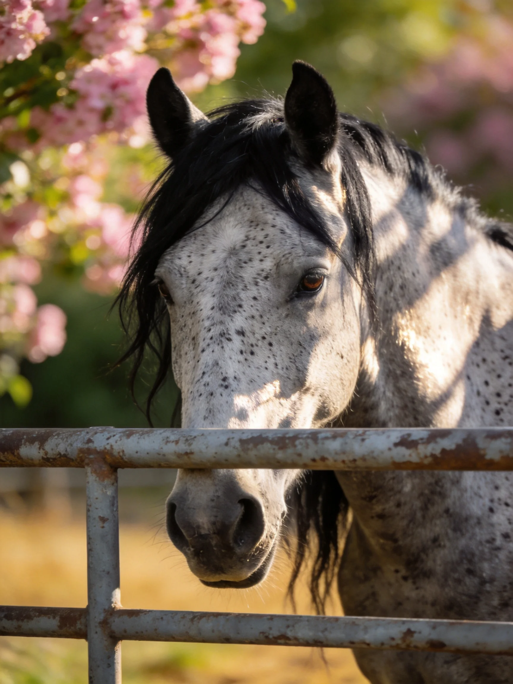 A speckled gray horse near a rusted metal fence with pink blossoms