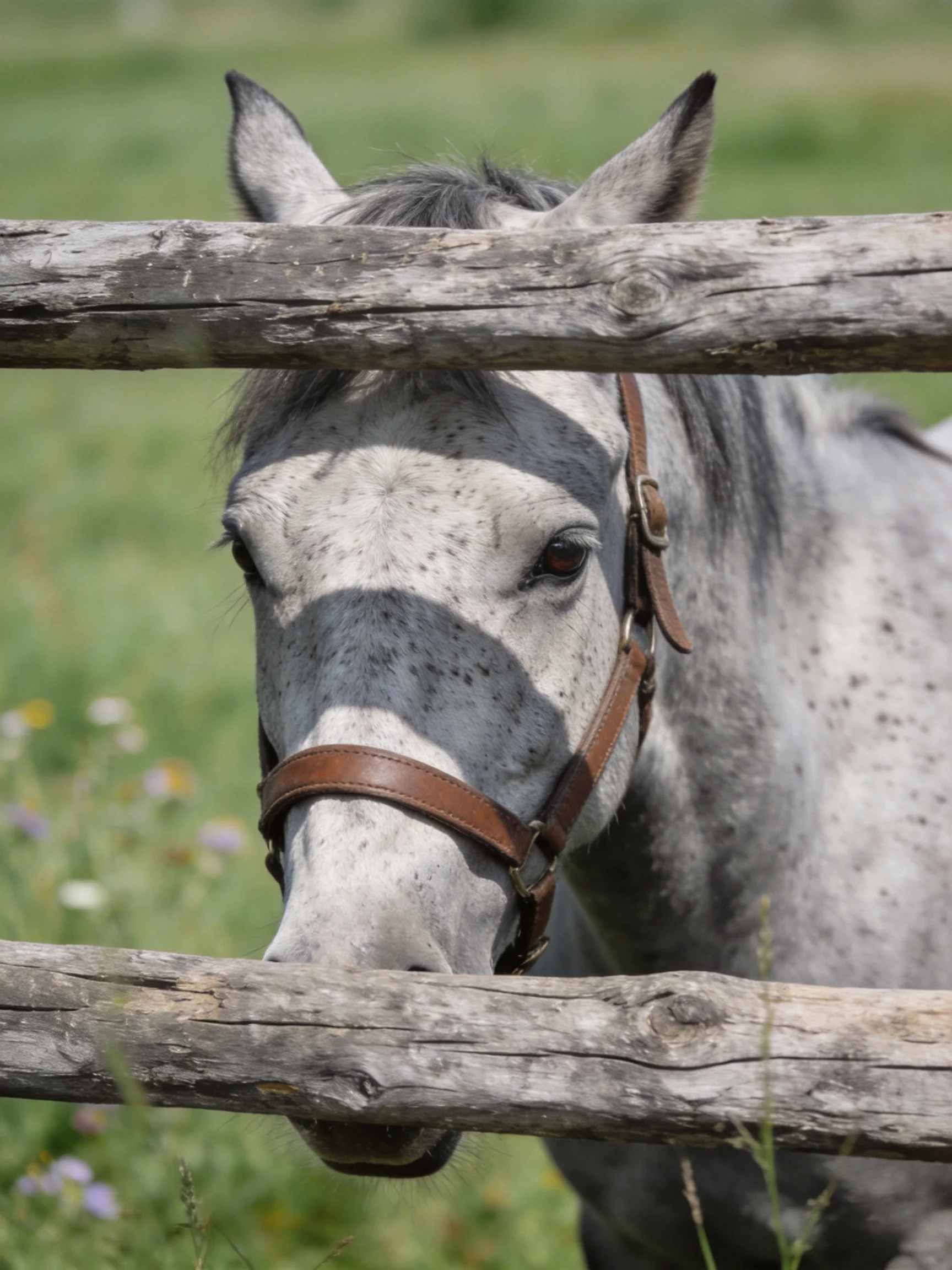 A speckled gray horse peeks through a weathered fence in a green meadow