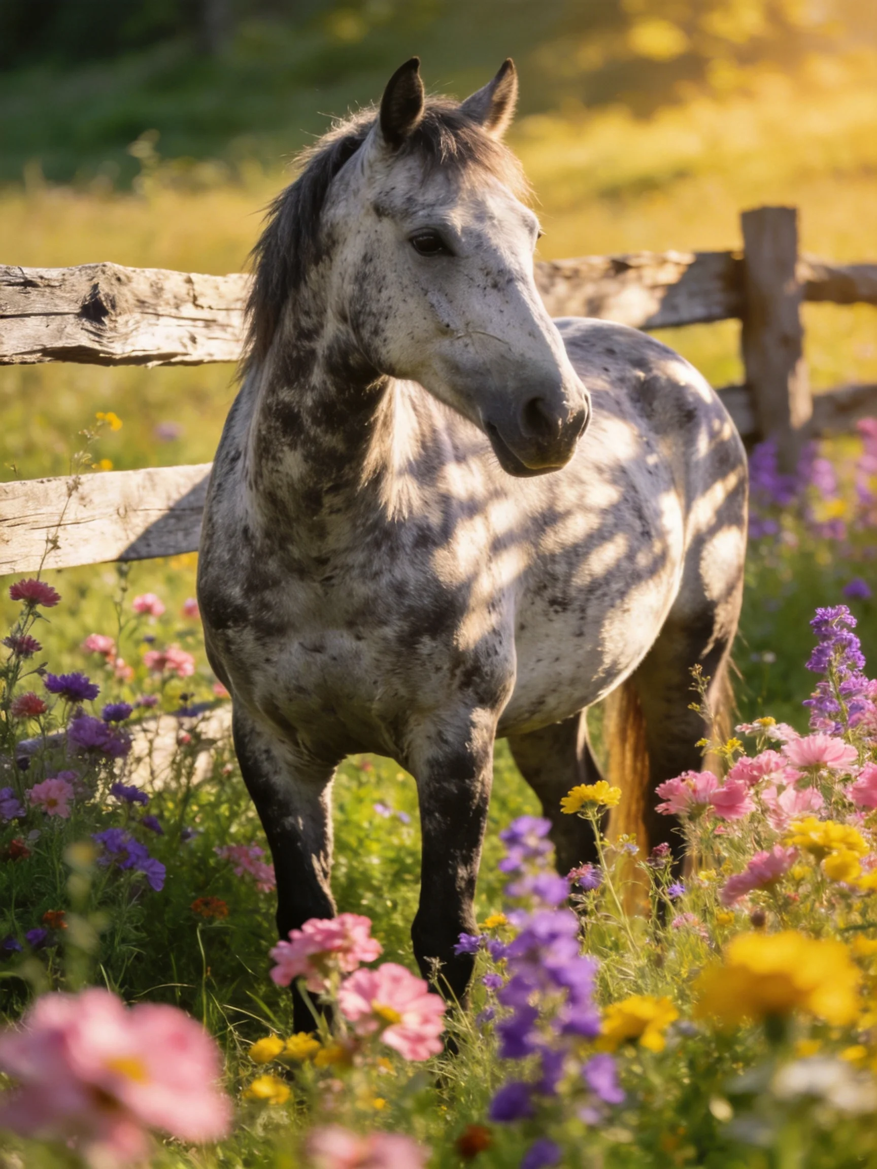 A speckled horse among colorful wildflowers near a wooden fence