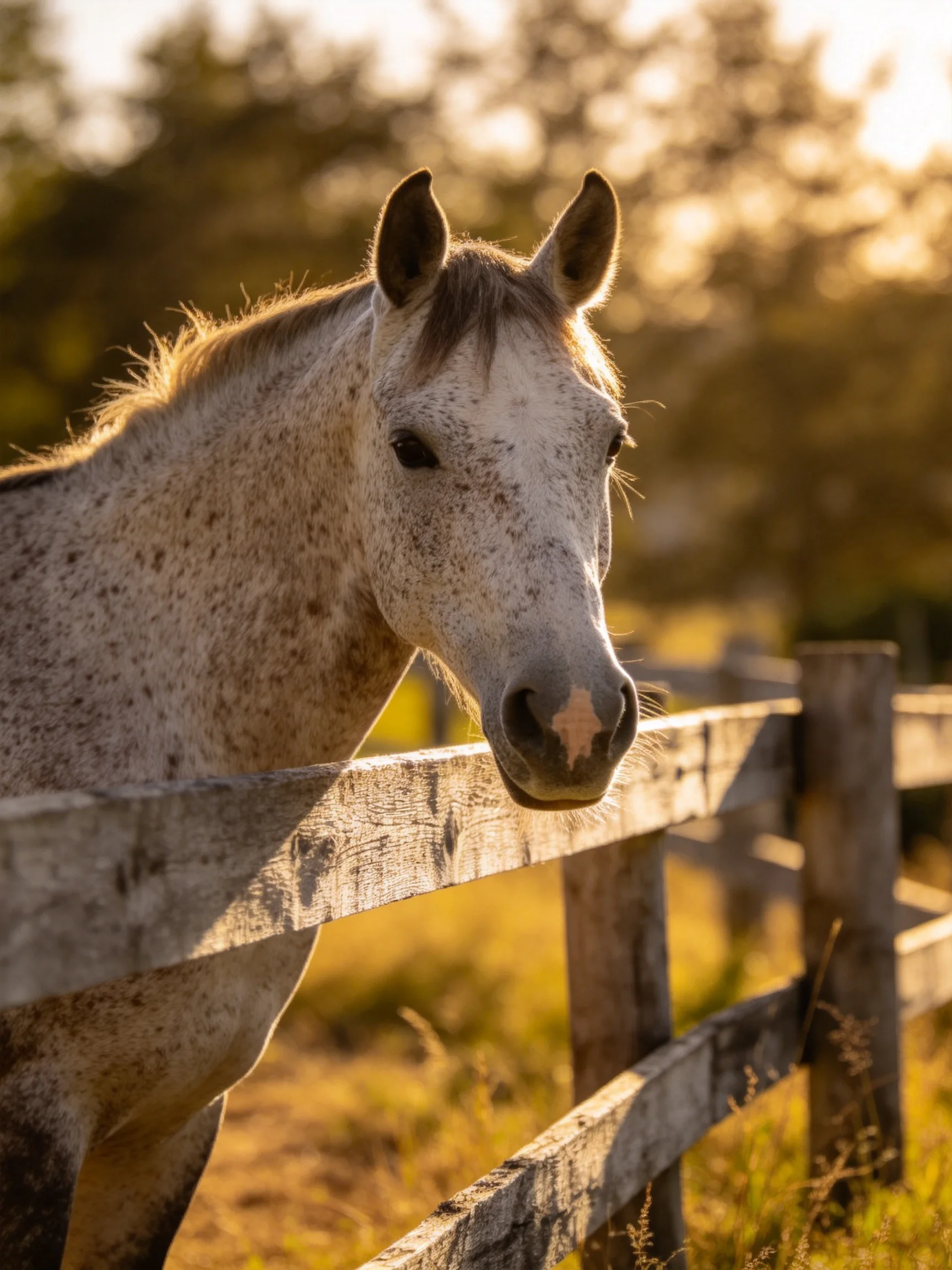 A speckled horse near a weathered wooden fence in golden light