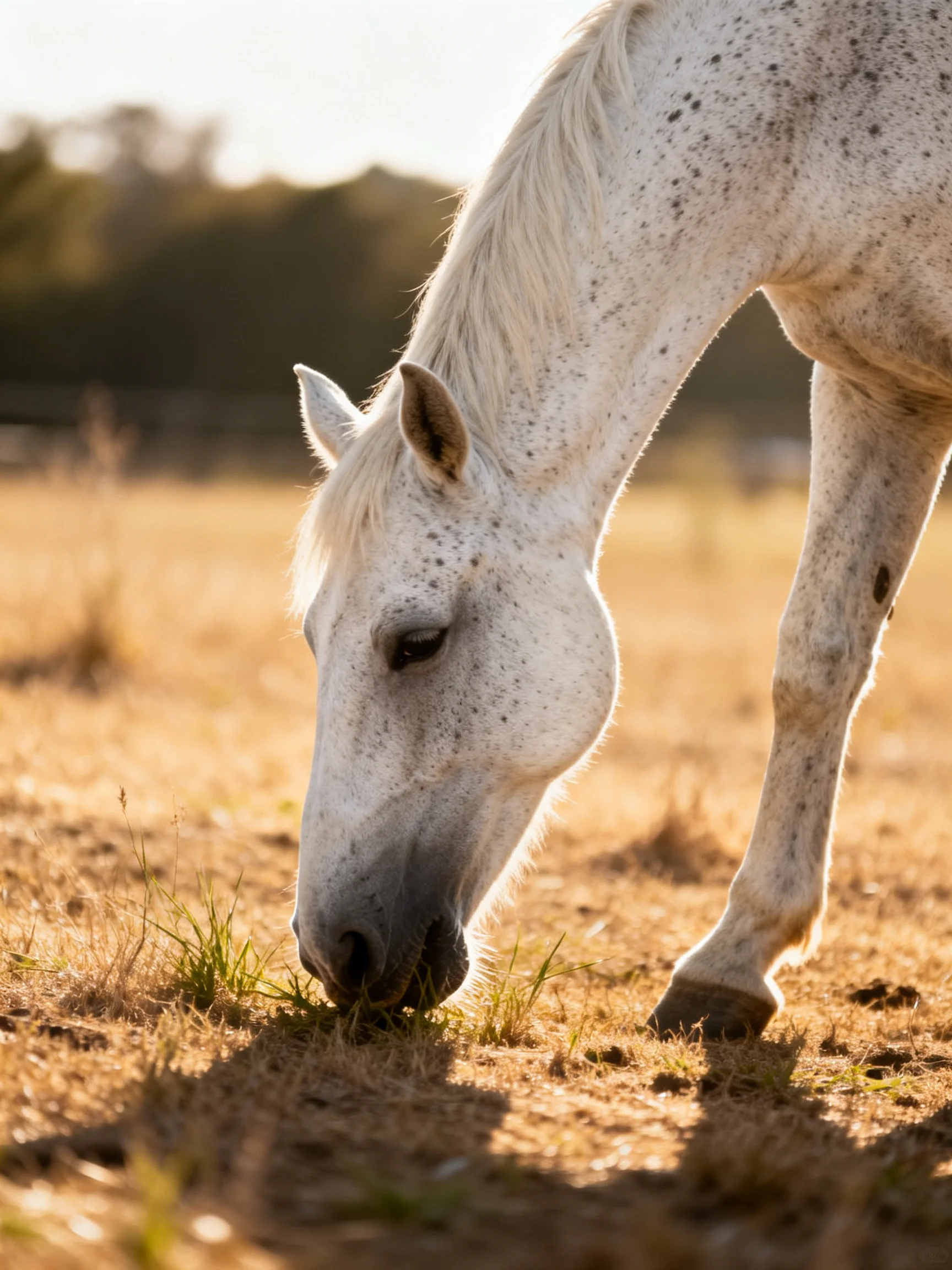 A speckled white horse grazes in a sun-drenched field
