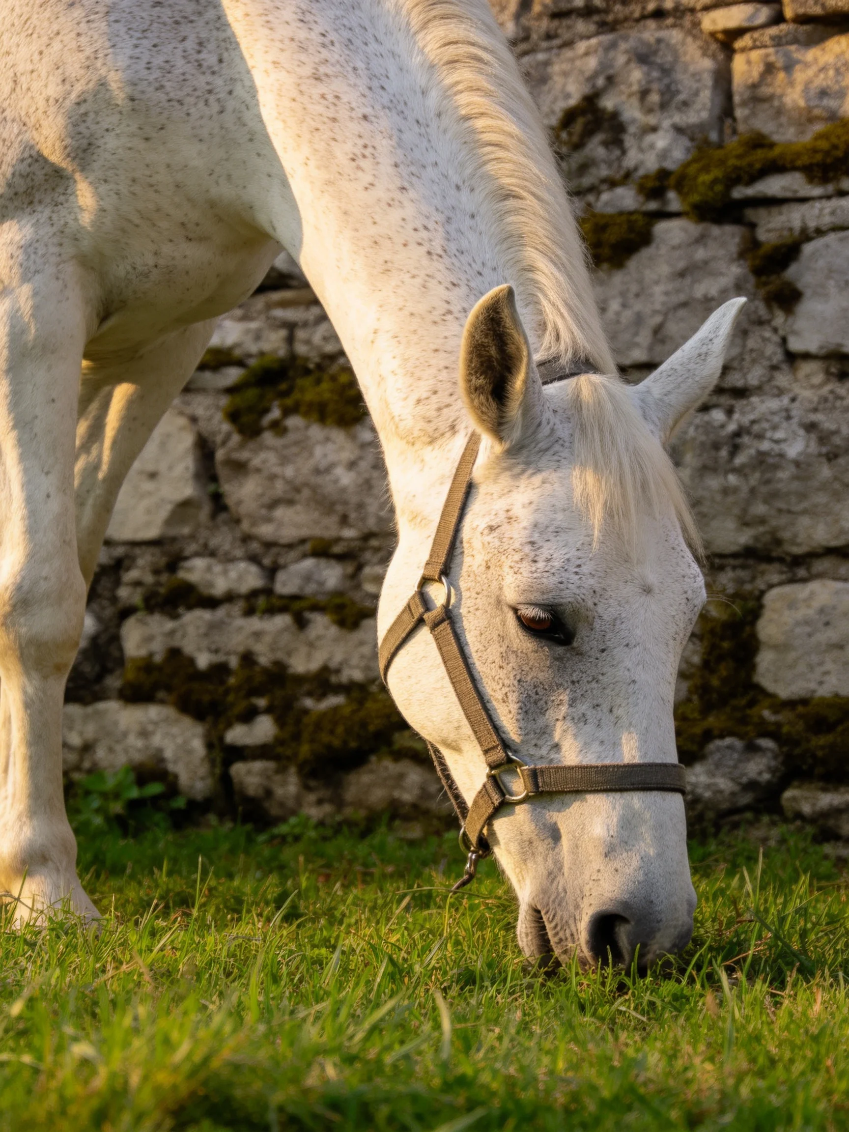 A speckled white horse grazes in lush green grass by a weathered stone wall