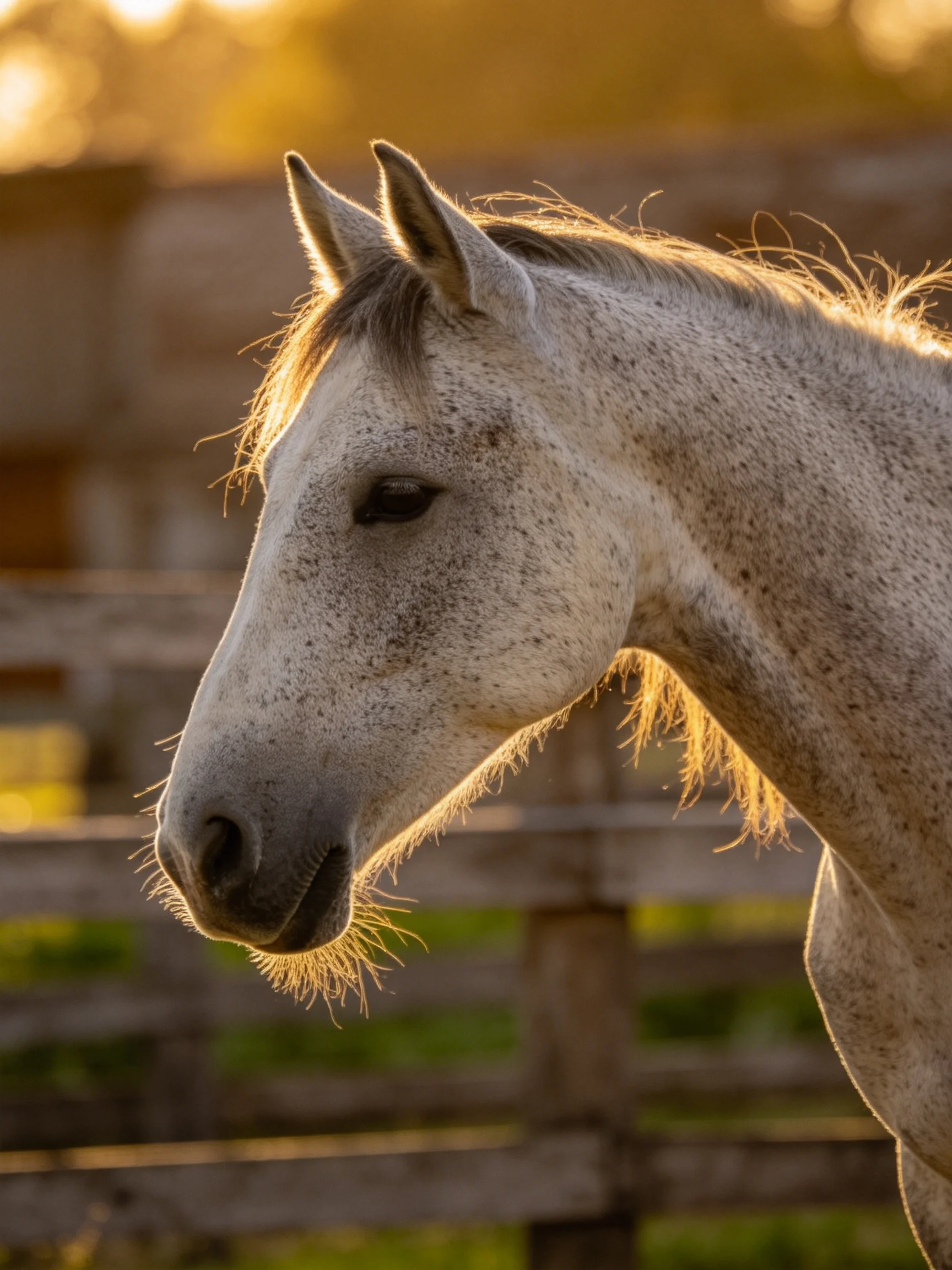A speckled white horse illuminated by golden sunset near a wooden fence