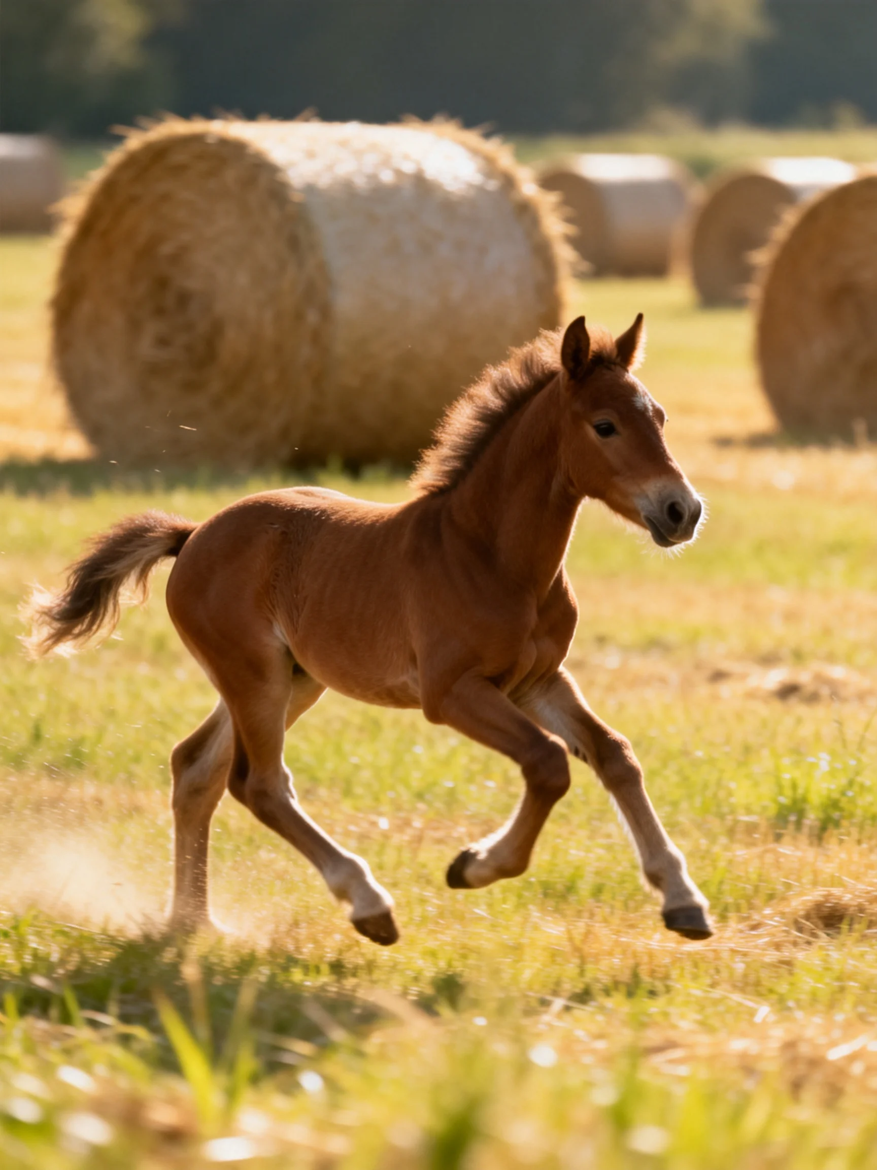 A spirited chestnut foal galloping past massive hay bales