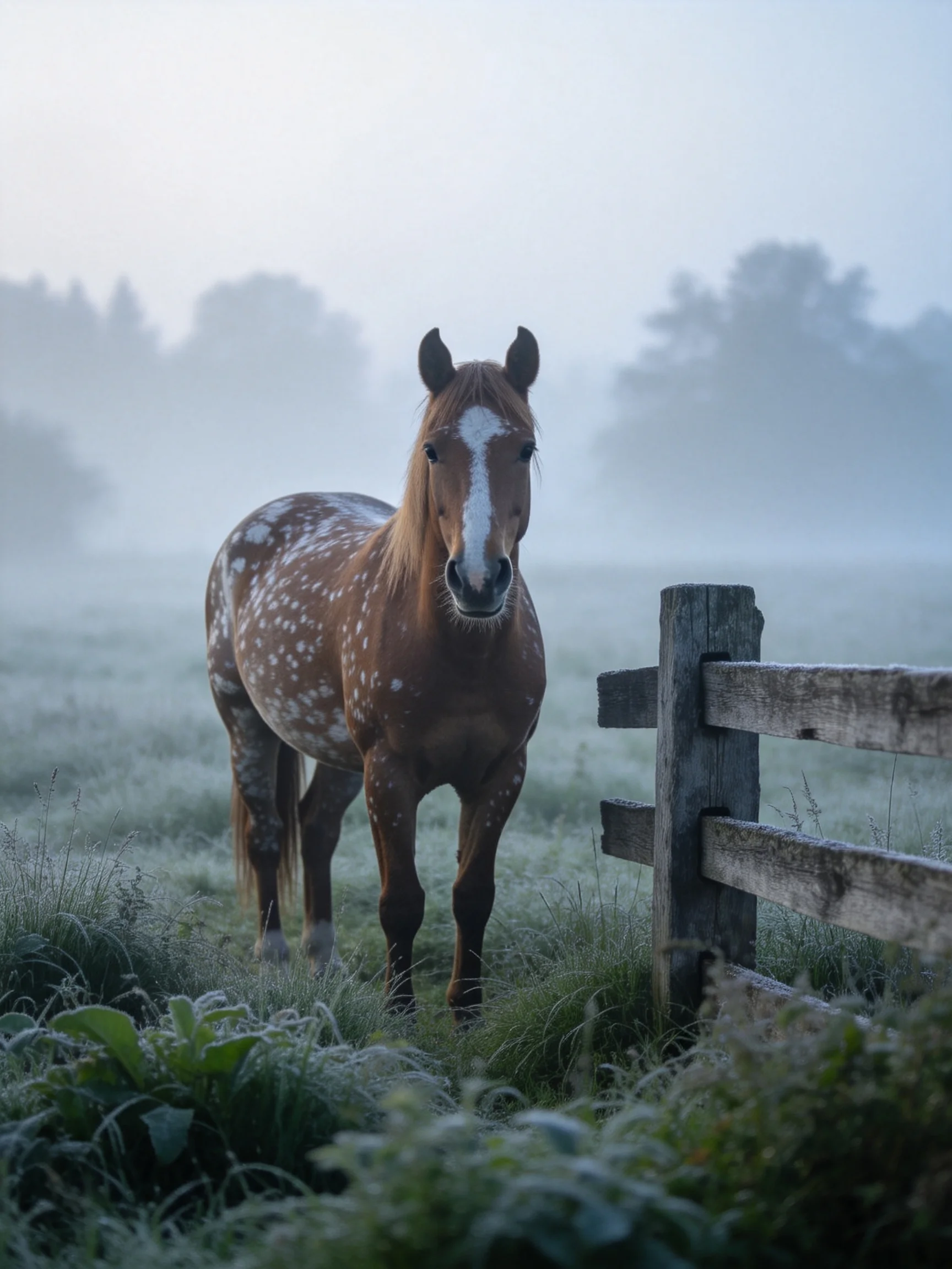 A spotted brown horse stands near a wooden fence in misty, frost-covered fields