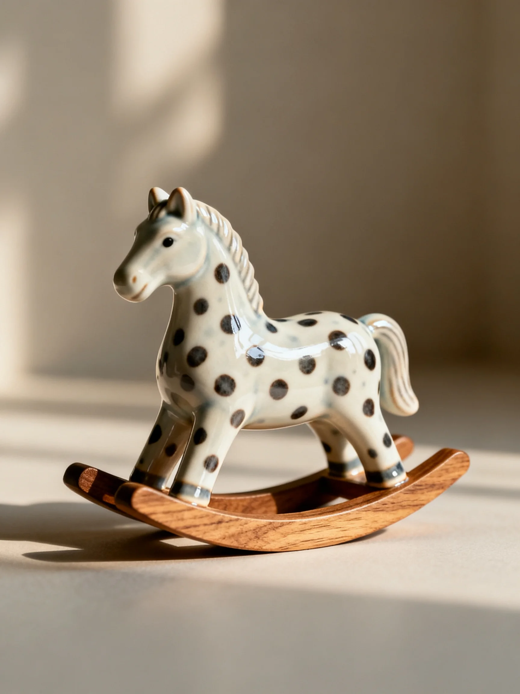 A spotted ceramic rocking horse with a wooden base