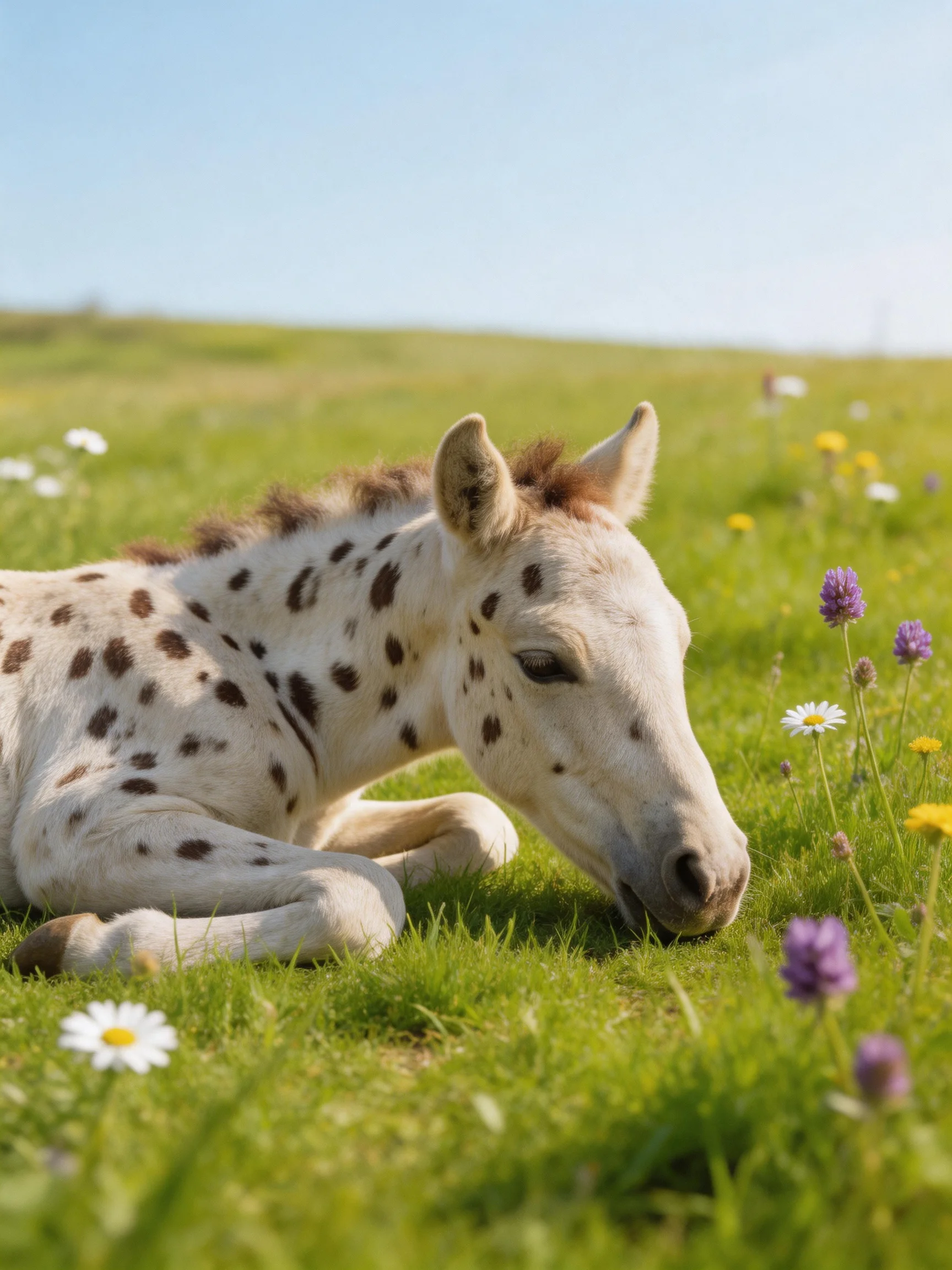 A spotted foal rests amid vibrant wildflowers in a sunlit meadow