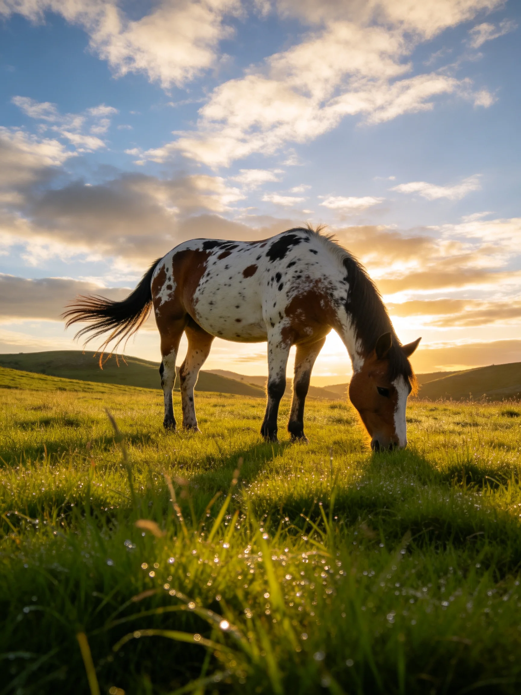 A spotted horse grazes in a dewy green meadow under golden sunset skies.