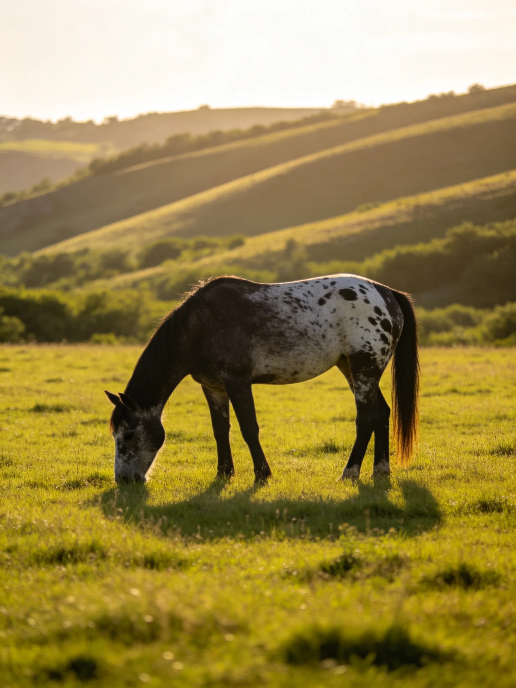 A spotted horse grazes in a sunlit green meadow with rolling hills