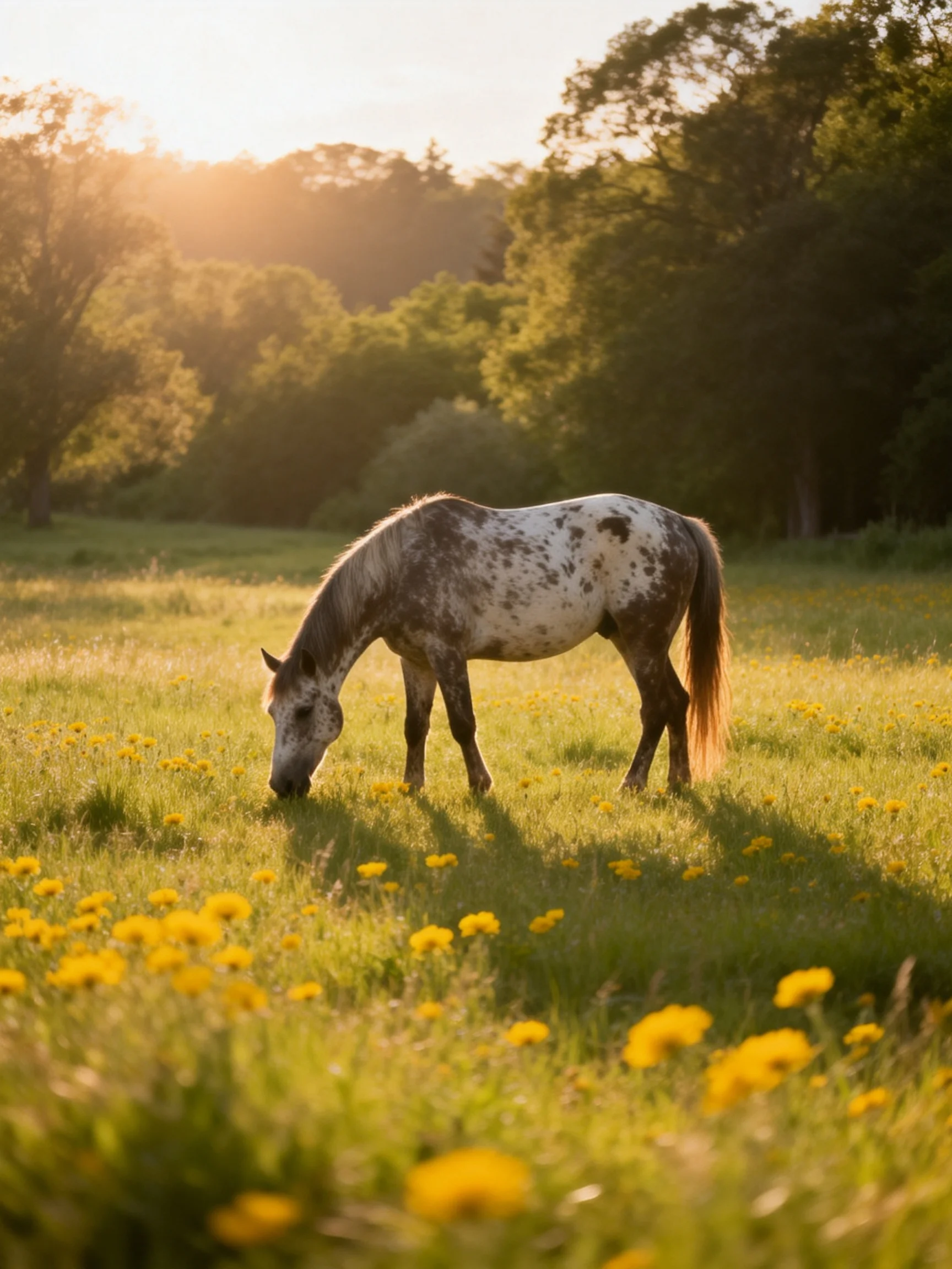 A spotted horse grazes in a sunlit meadow with yellow wildflowers