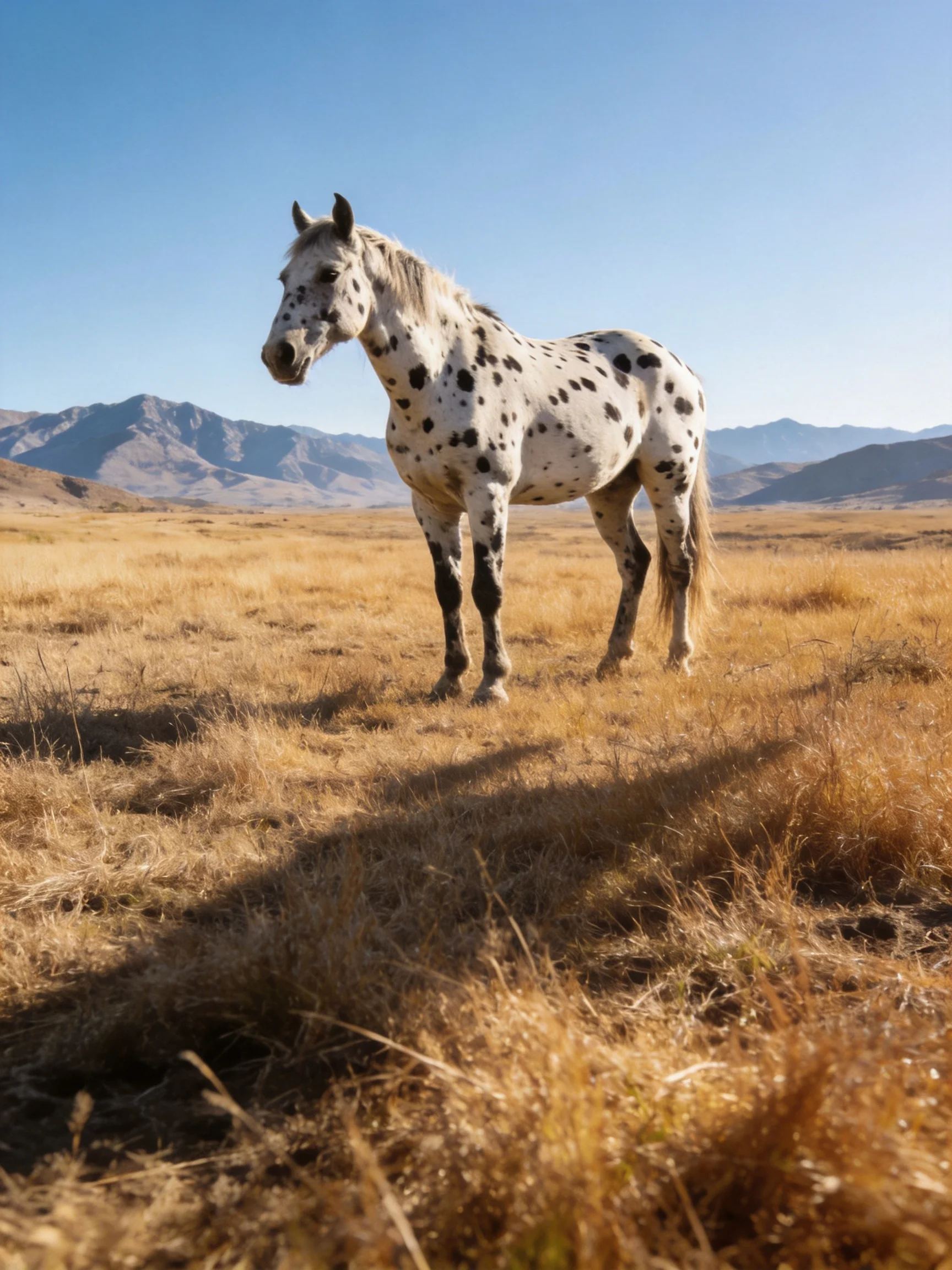 A spotted horse in a golden field near mountains