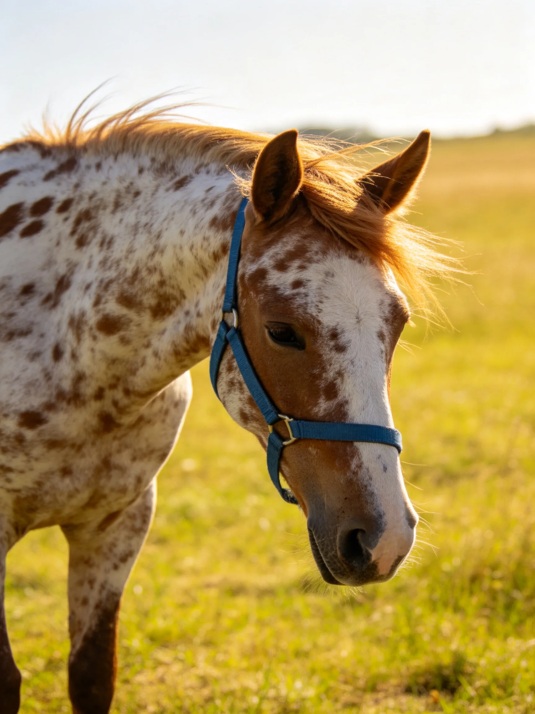A spotted horse witha blue halter in a sunlit meadow