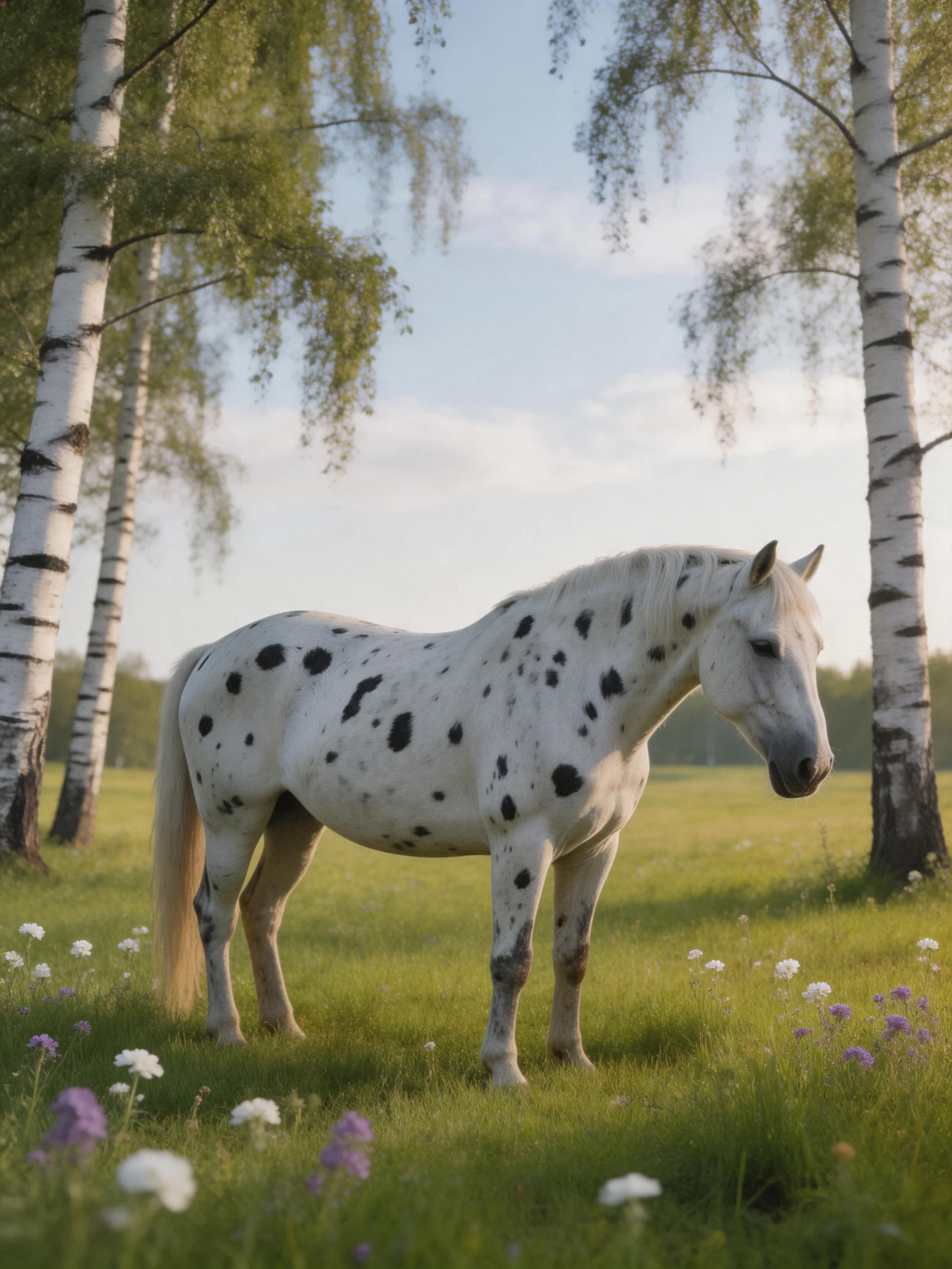 A spotted white horse stands among birch trees in a flowered meadow