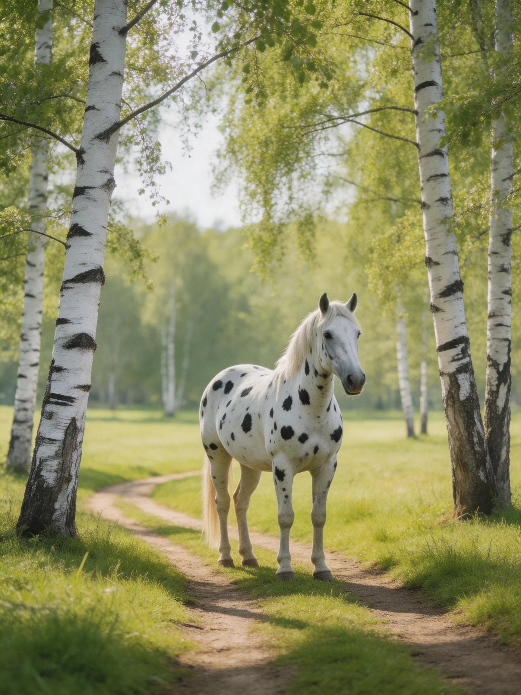 A spotted white horse stands on a dirt path near birch trees in a sunlit meadow.