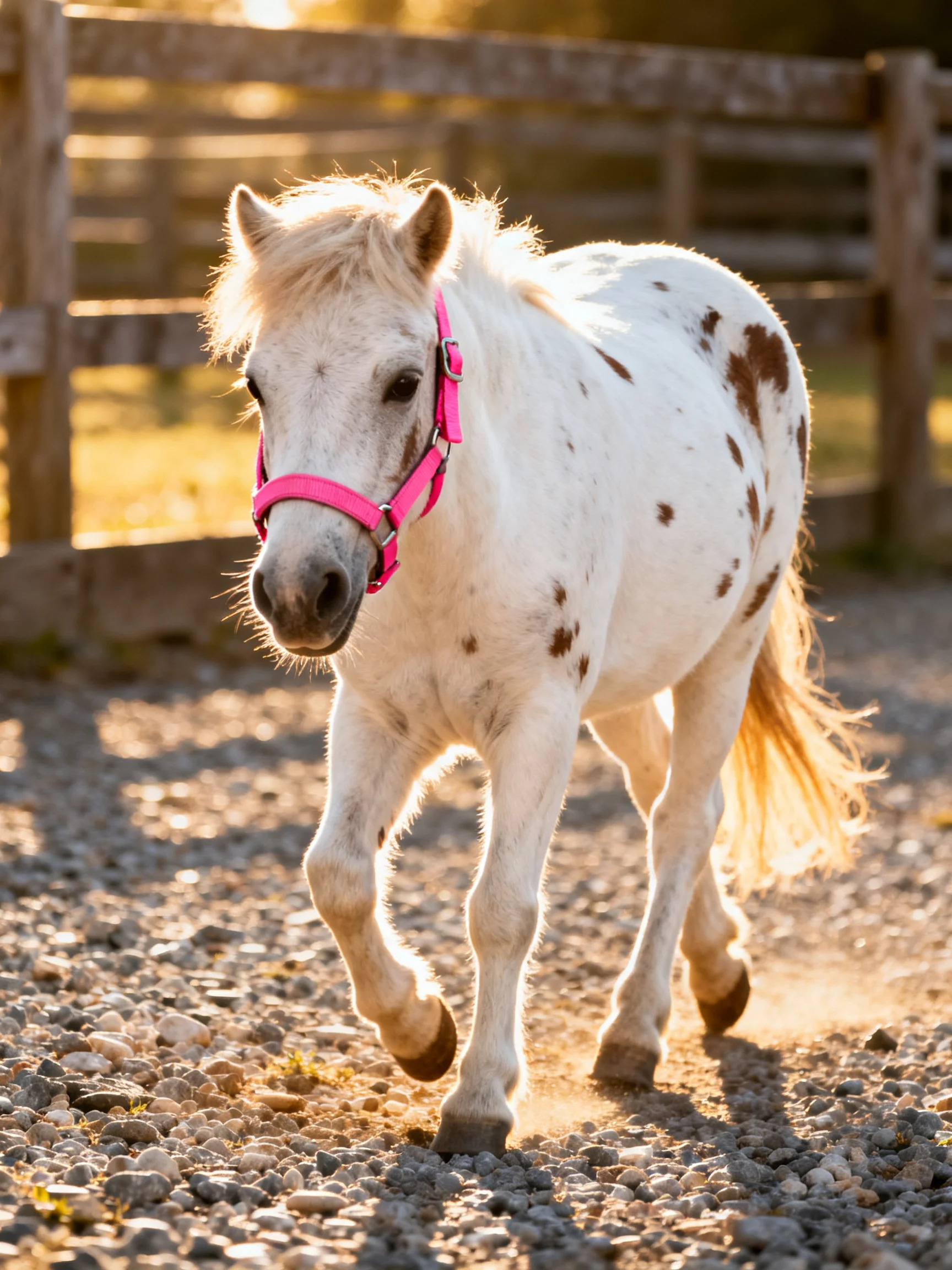 A spotted white pony with a pink halter walks on gravel near a wooden fence