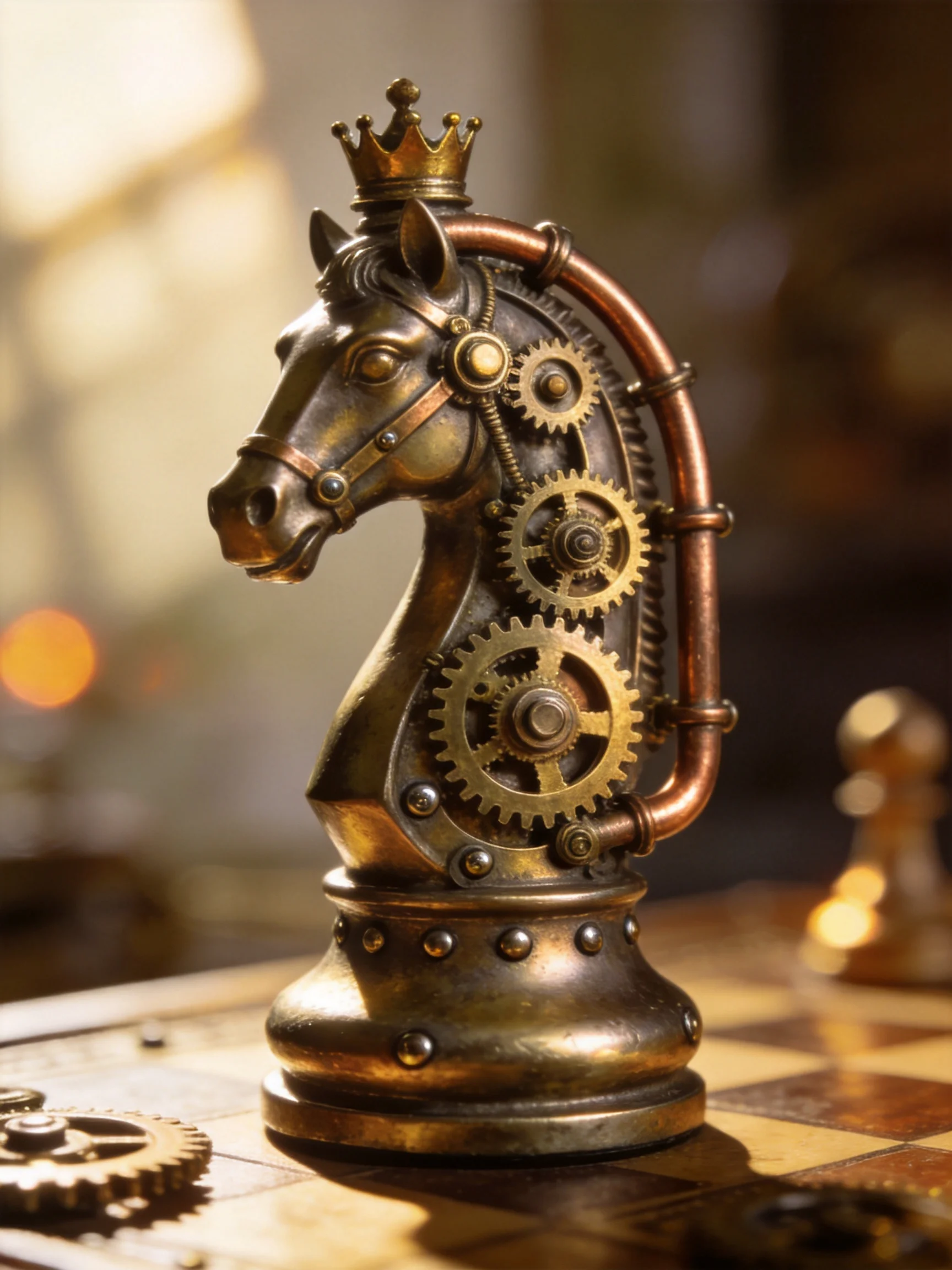 A steampunk-style golden chess knight with copper pipes and brass gears