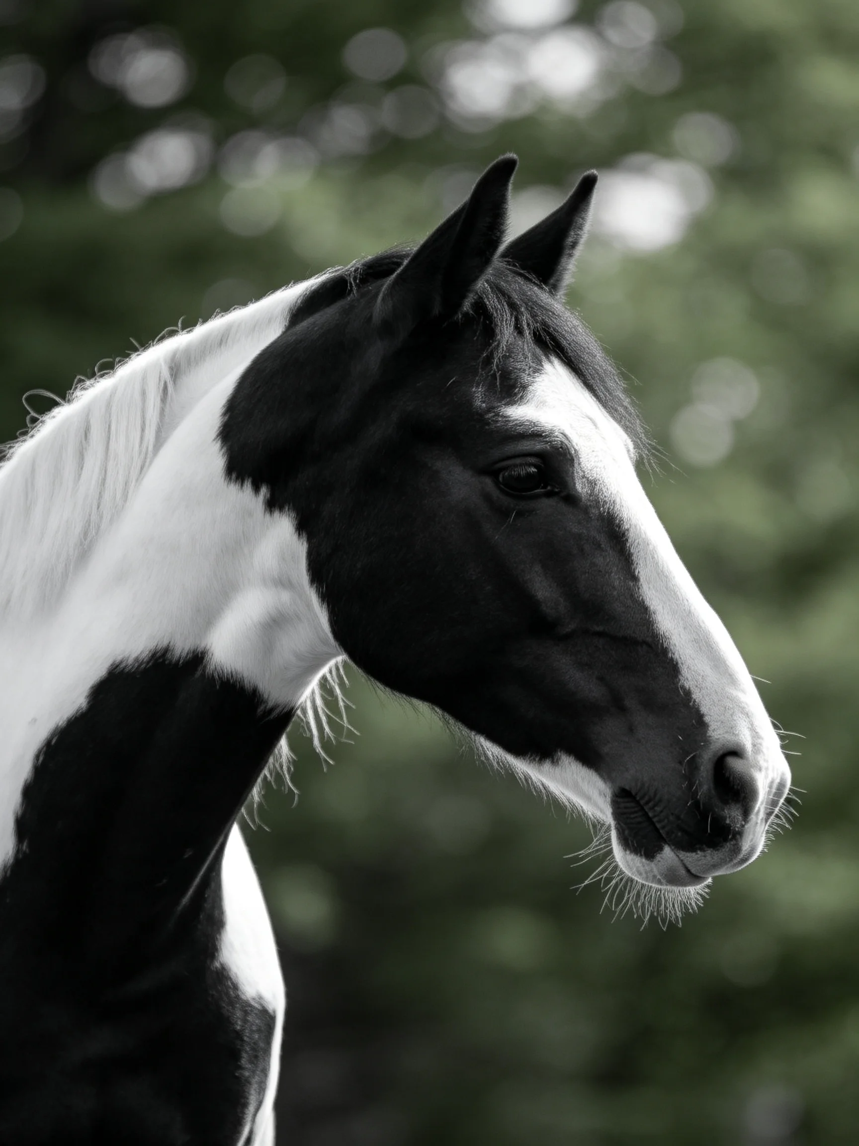 A striking black and white pinto horse against blurred green foliage