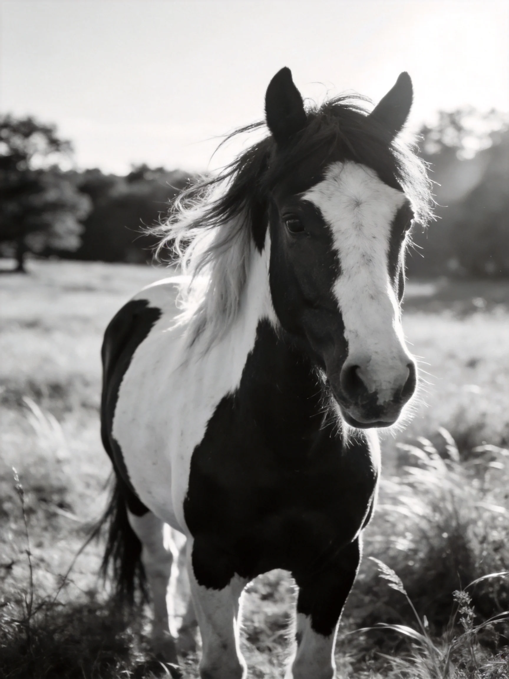 A striking black and white pinto horse stands in a sunlit open field
