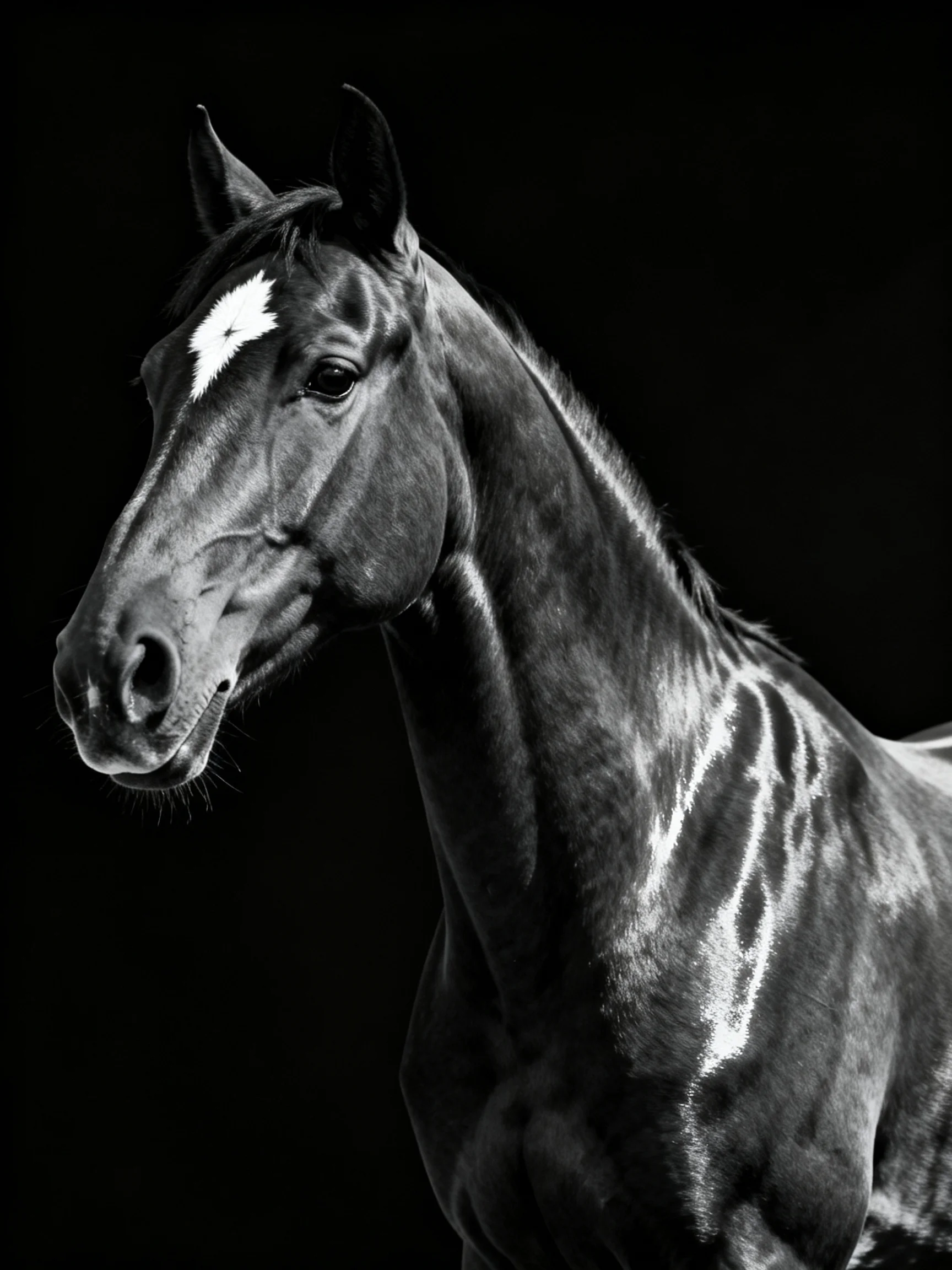 A striking black-and-white portrait of a horse with a white facial marking