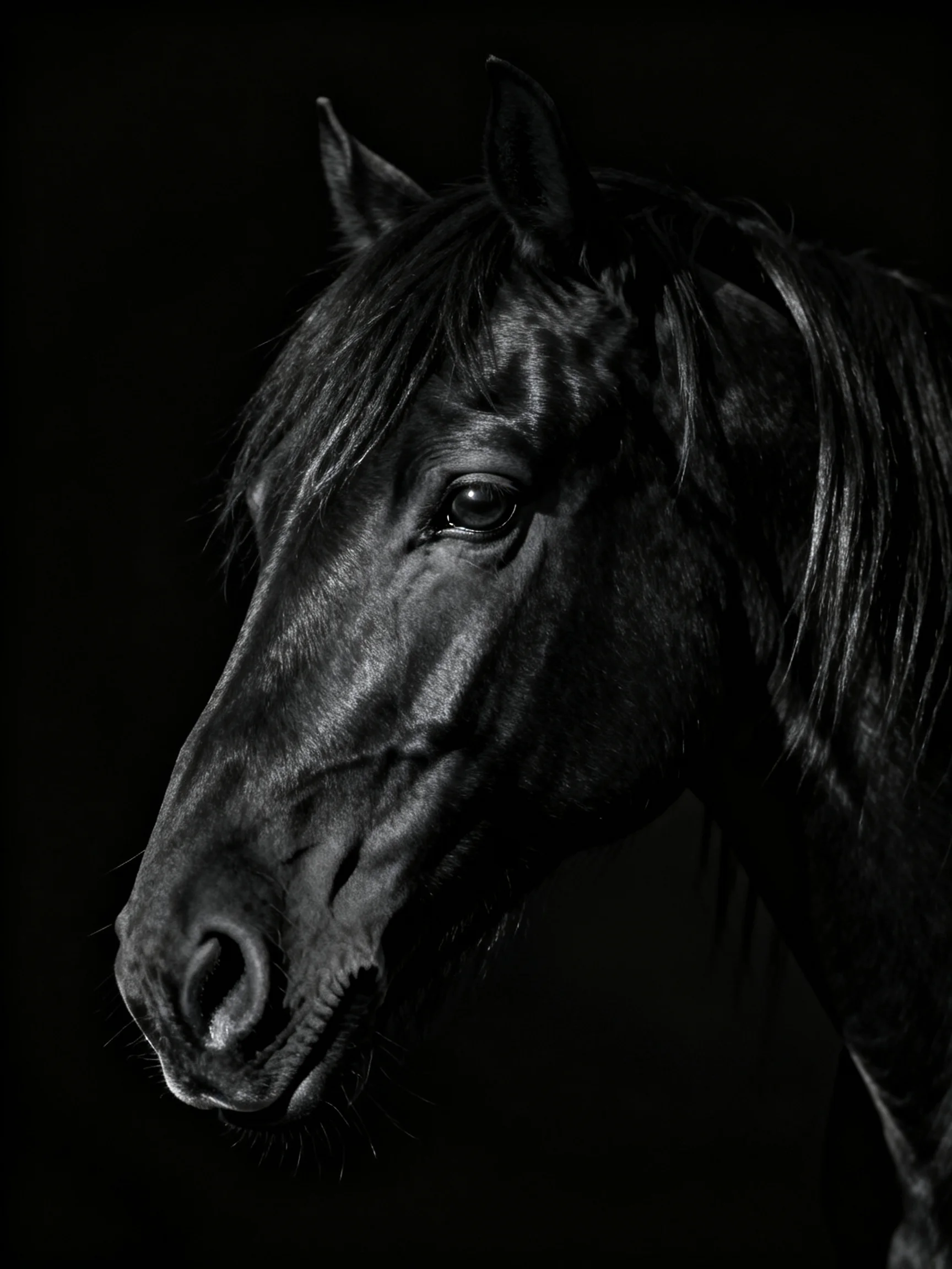 A striking black horse portrait with dramatic contrast lighting