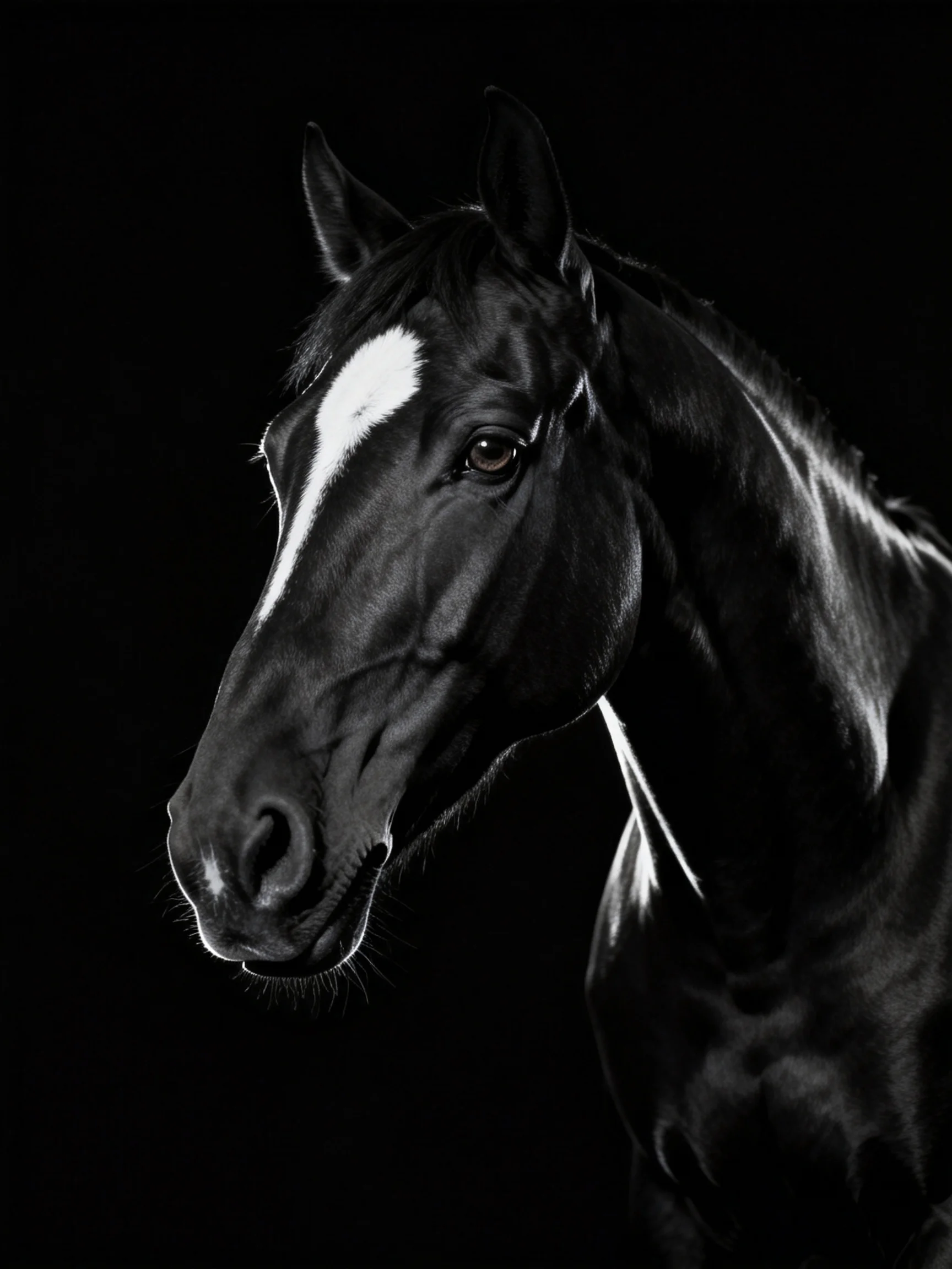 A striking black horse with a bold white blaze against a dark backdrop