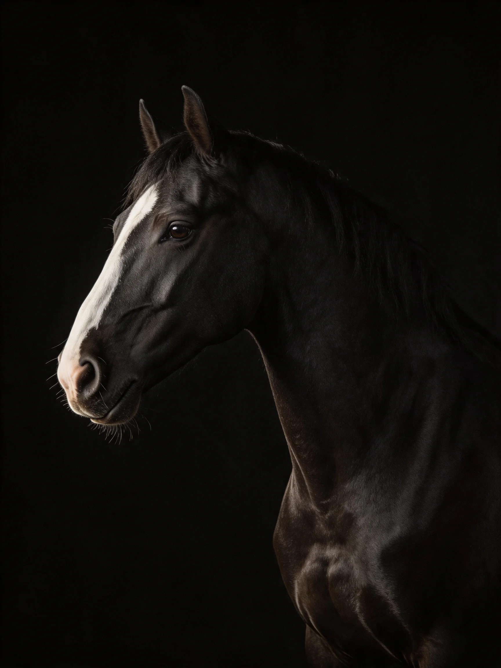 A striking black horse with a bold white stripe in a dark setting