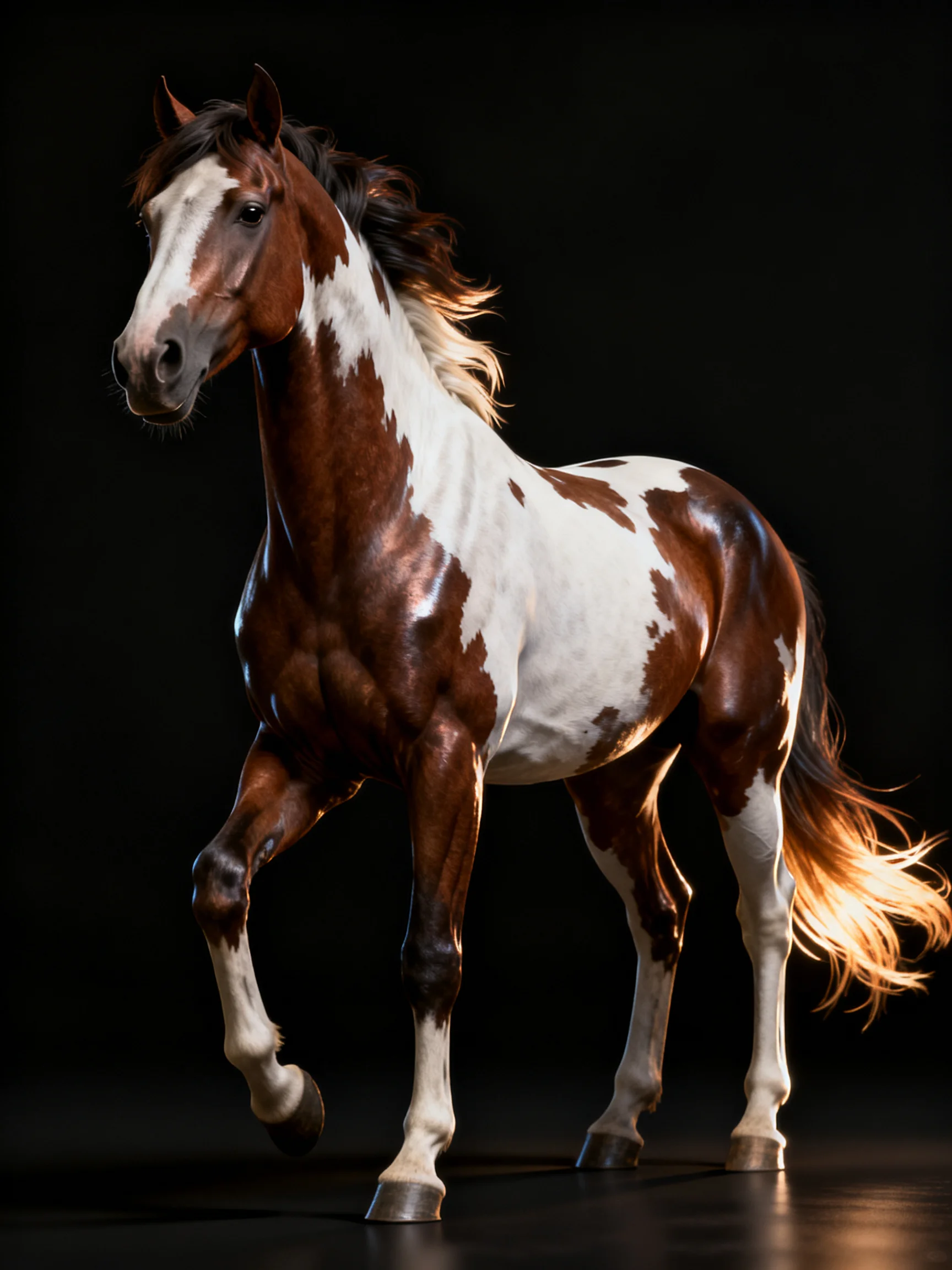 A striking brown and white patterned horse in dramatic lighting