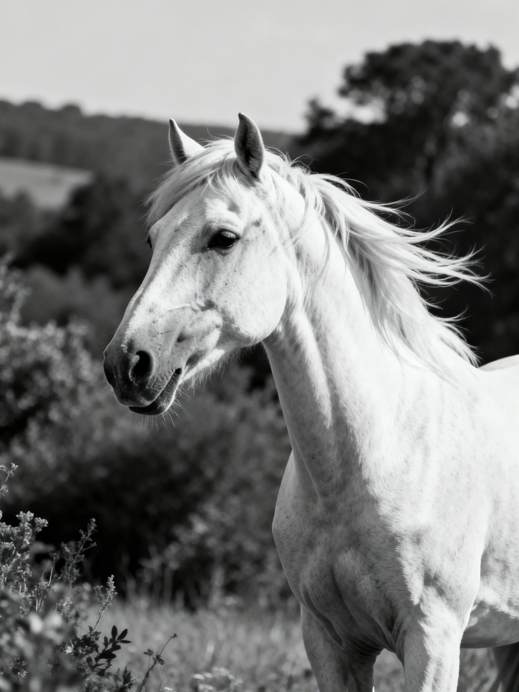 A striking white horse stands among wild vegetation and trees