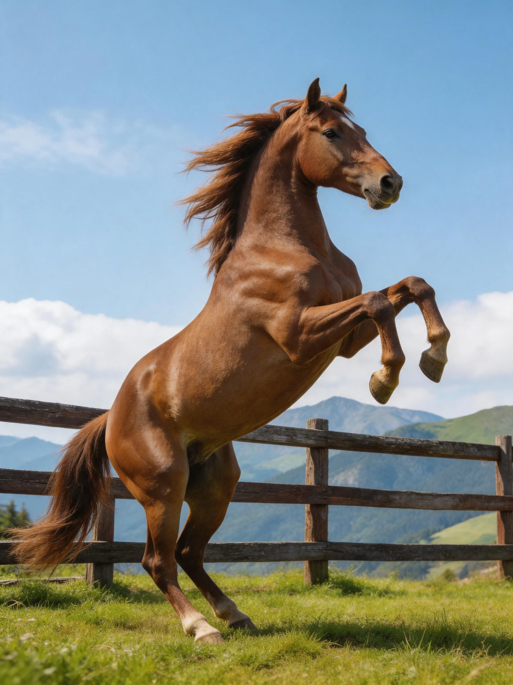 A strong chestnut horse rears by a wooden fence on a sunny pasture