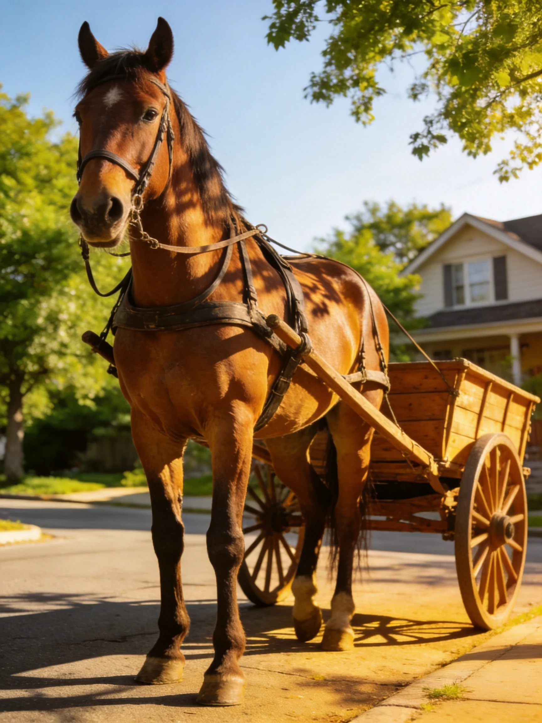 A sturdy brown horse pulling a wooden wagon on a sunny street