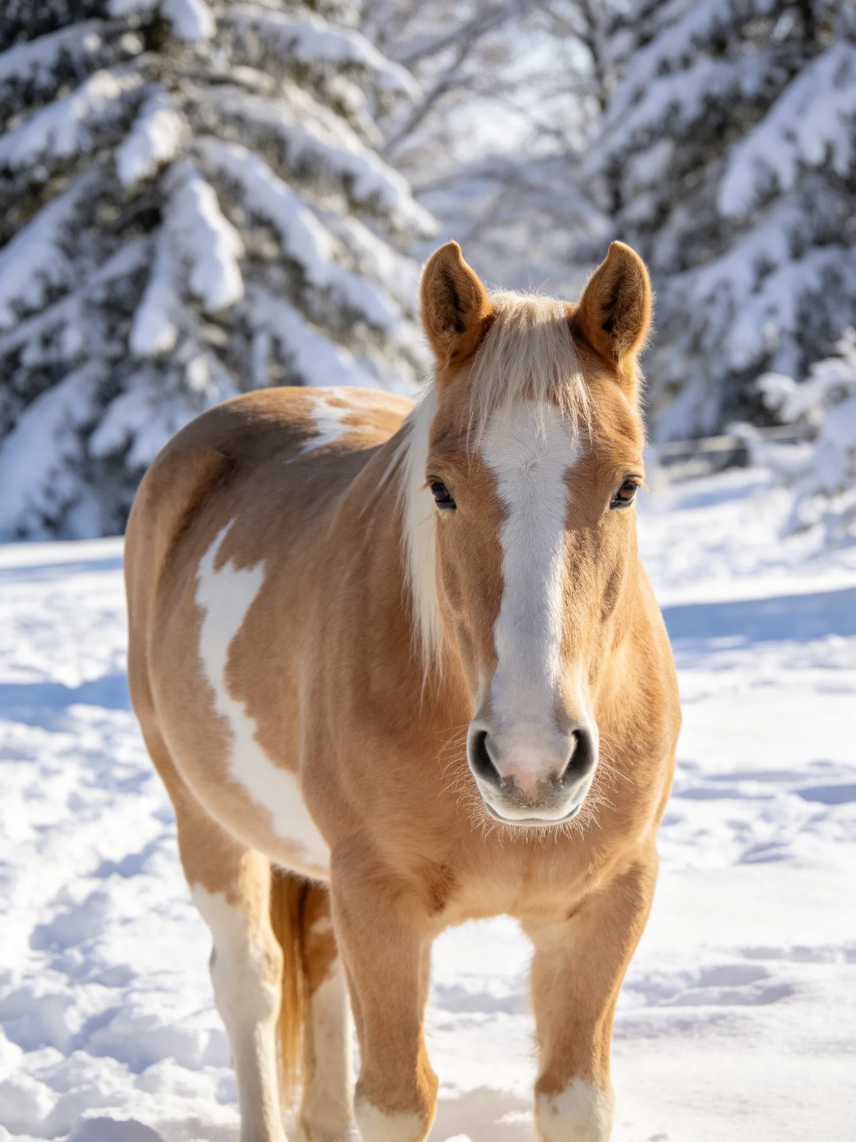 A tan and white horse in a snow-coveredotted winter landscape with evergreen trees