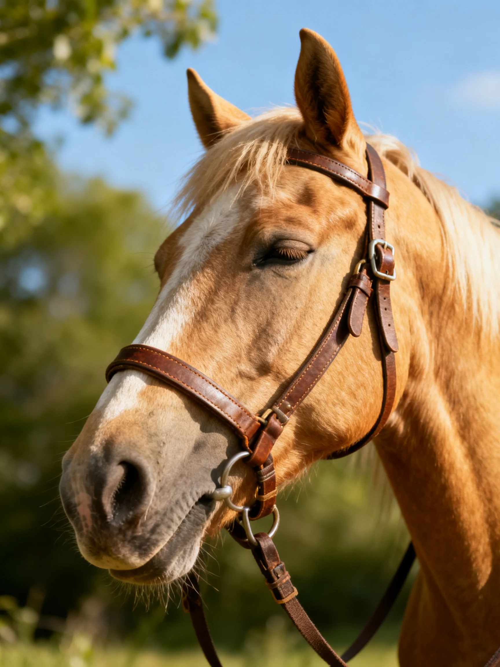 A tan and white palomino horse with a brown leather bridle outdoors