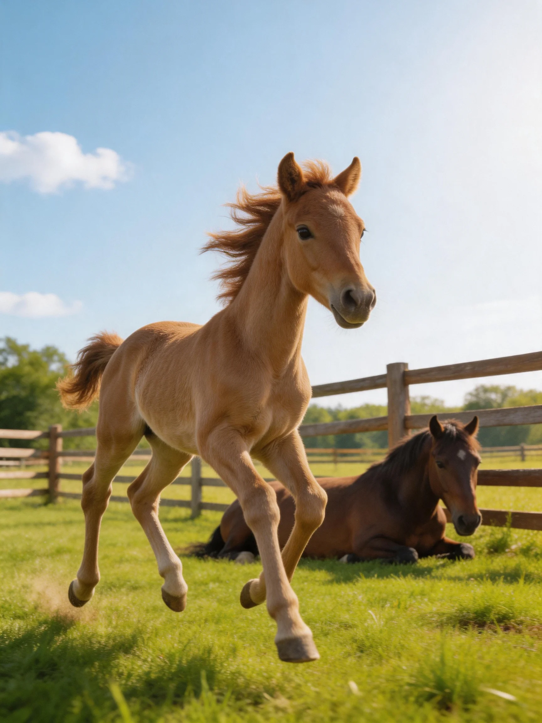A tan foal runs near a resting brown horse in a sunny pasture