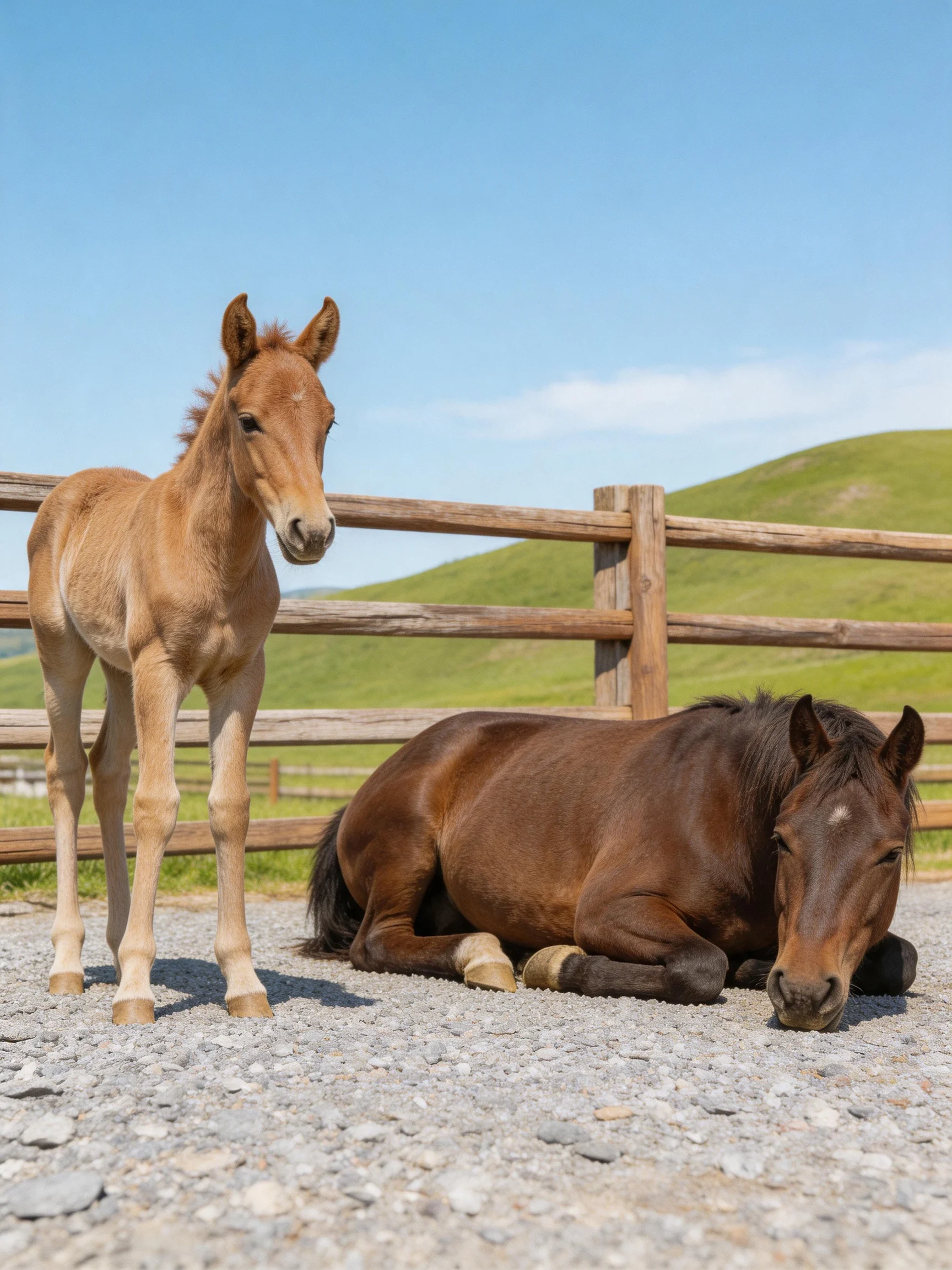 A tan foal stands beside a brown horse resting near a wooden fence
