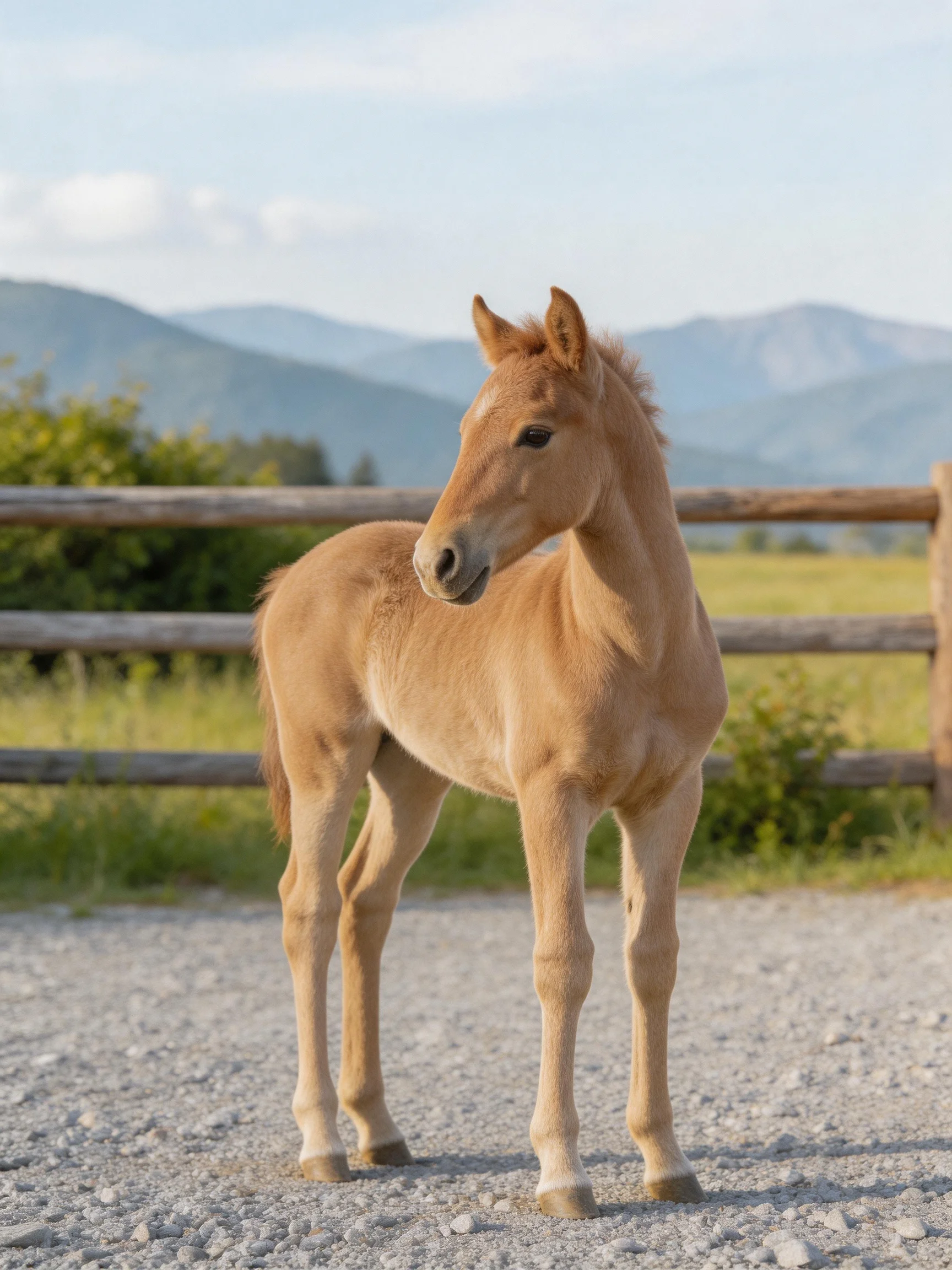 A tan foal stands on gravel near wooden fencing with mountains