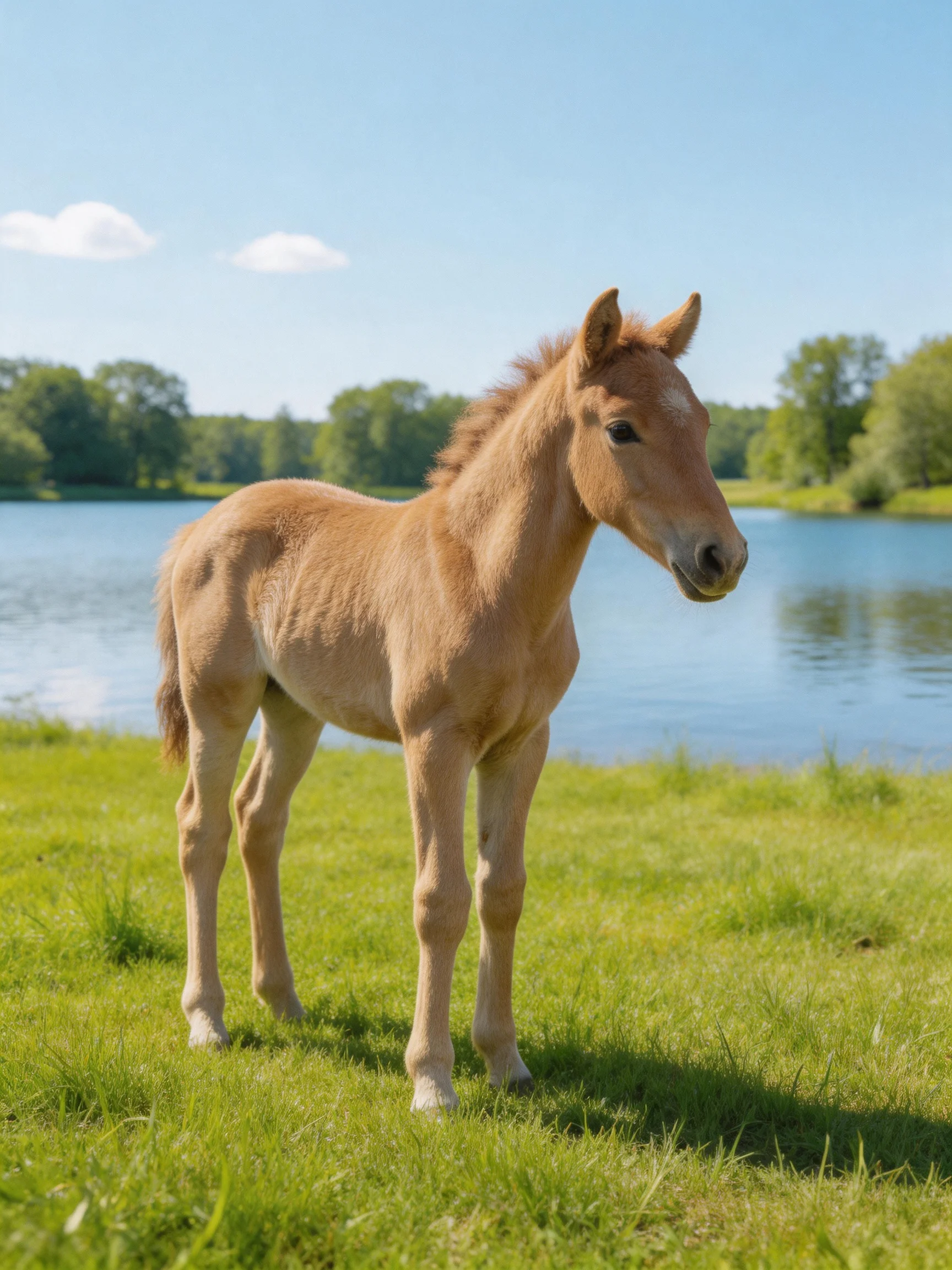 A tan foal stands on lush green grass by a calm blue lake