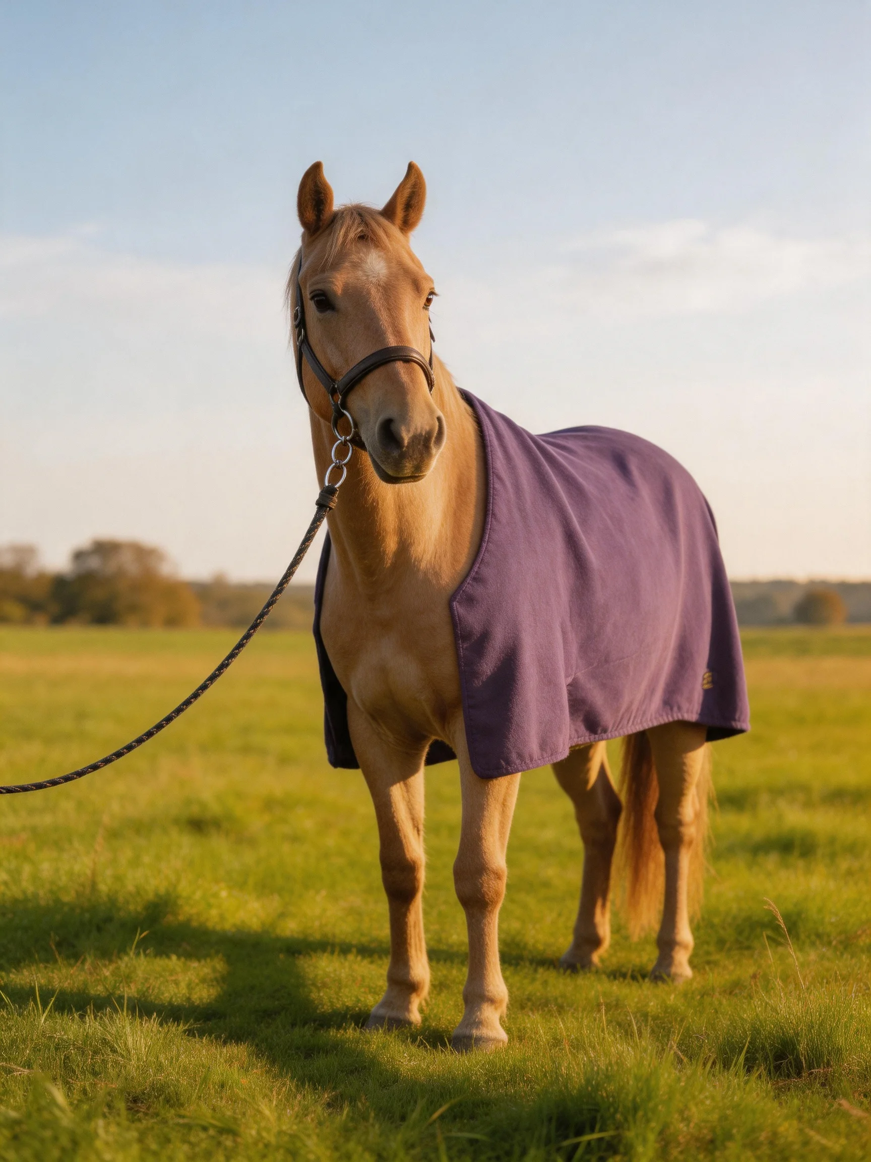 A tan horse draped in a purple cover stands in a green field