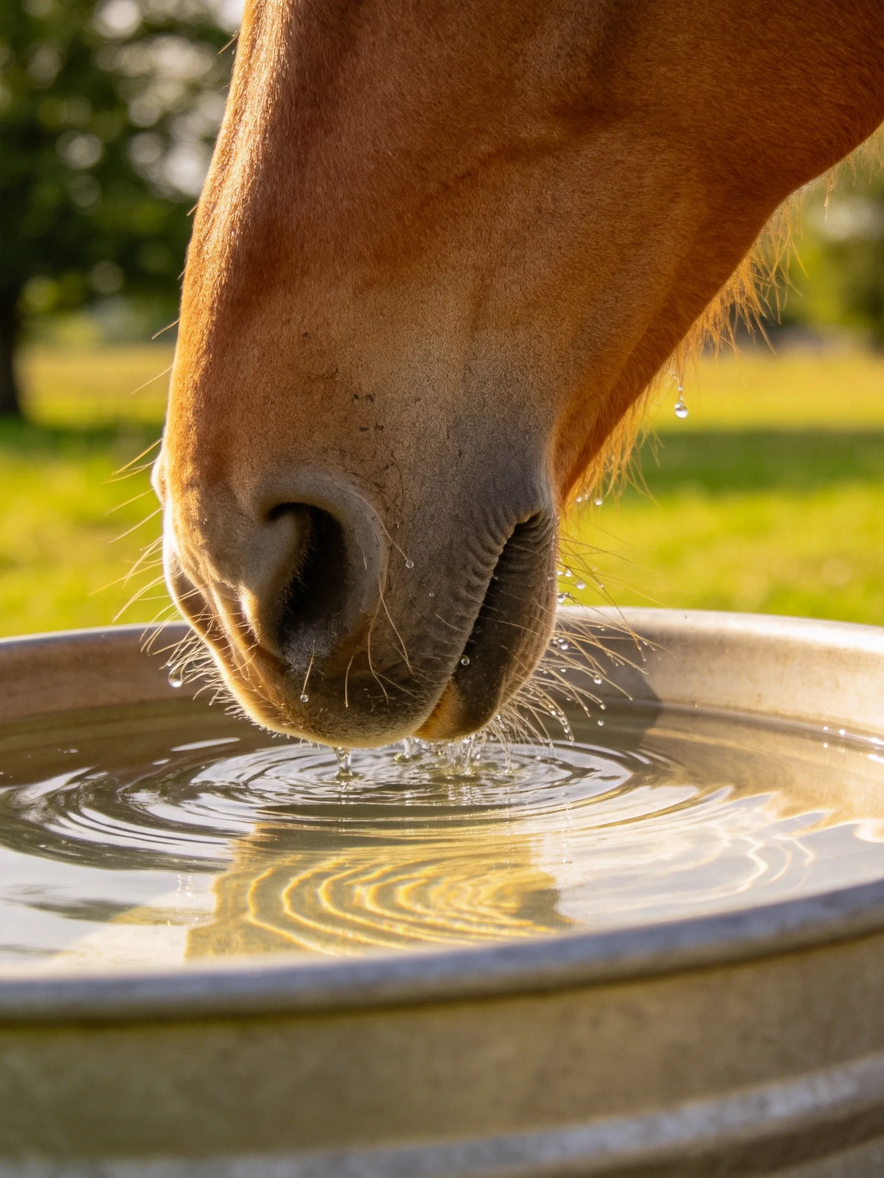 A tan horse drinks from a metallic trough in a sunlit pasture