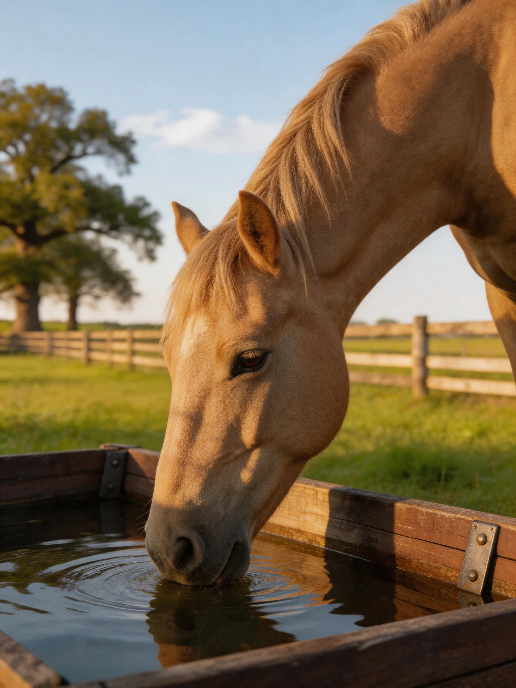 A tan horse drinks from a wooden trough in a sun-drenched pasture