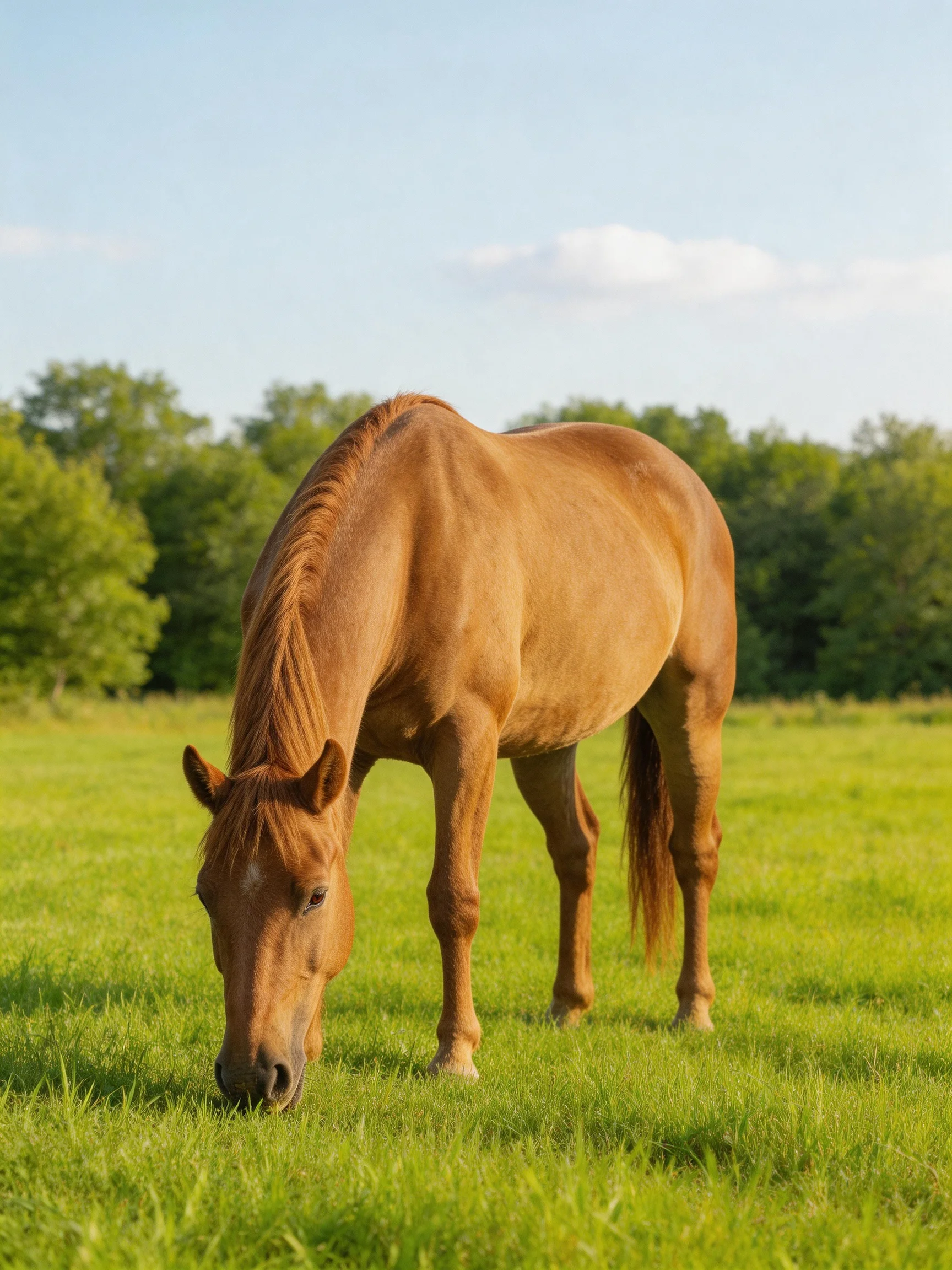 A tan horse grazes in a lush green meadow near leafy trees