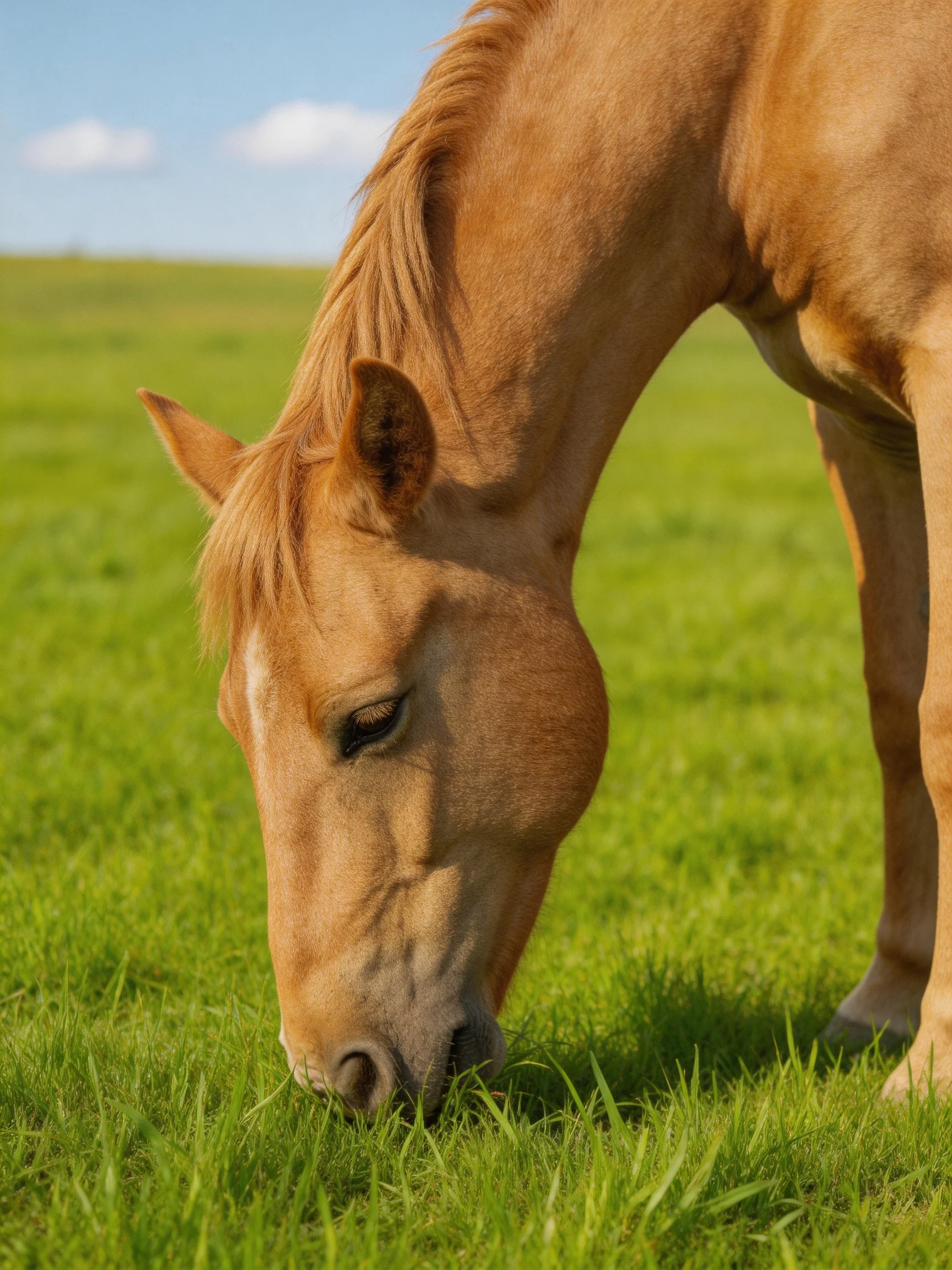 A tan horse grazes in a lush green meadow under a clear blue sky