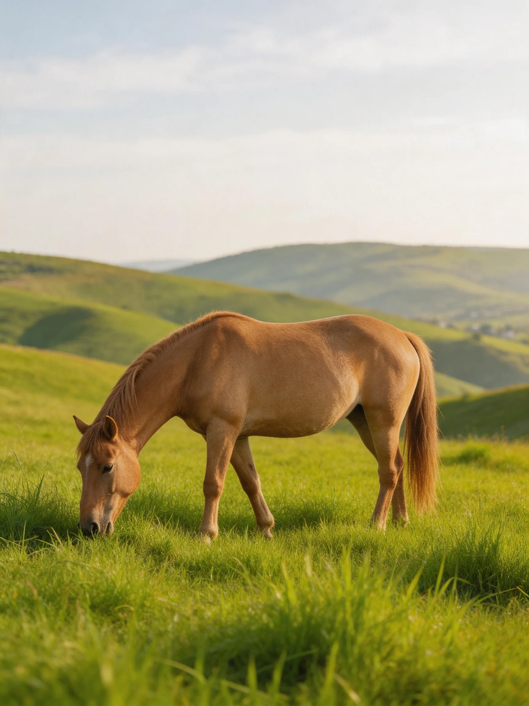 A tan horse grazes in a lush green meadow with distant hills