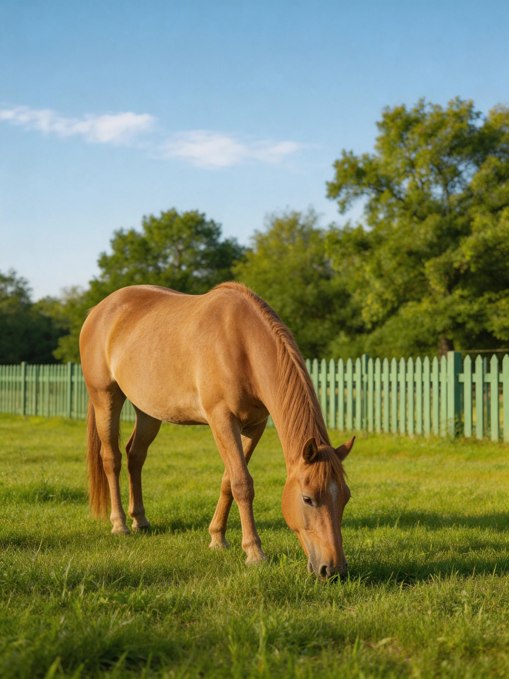 A tan horse grazes in a sunny pasture near a picket fence