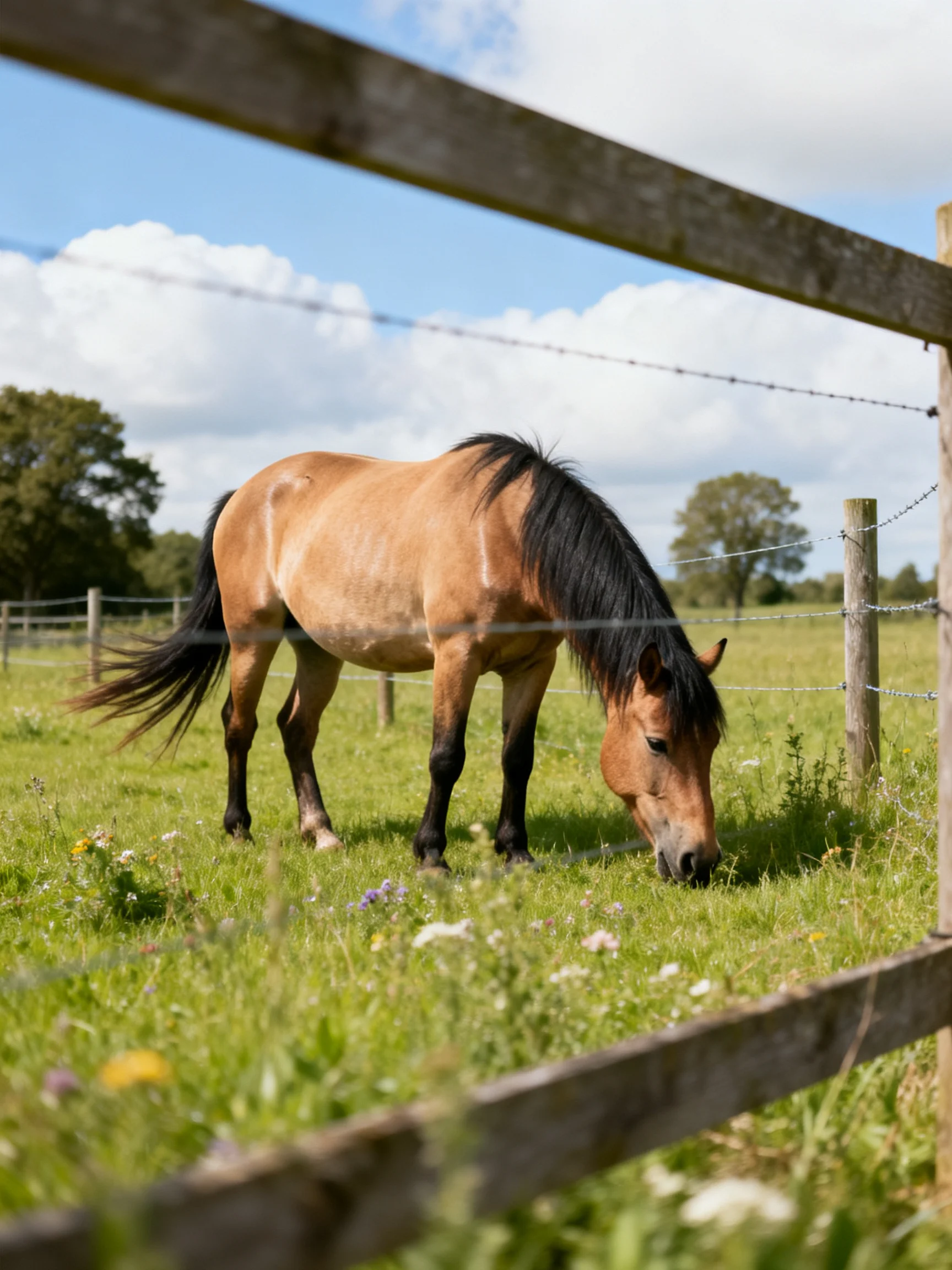 A tan horse eats grass in a sunny pasture near wooden fences.