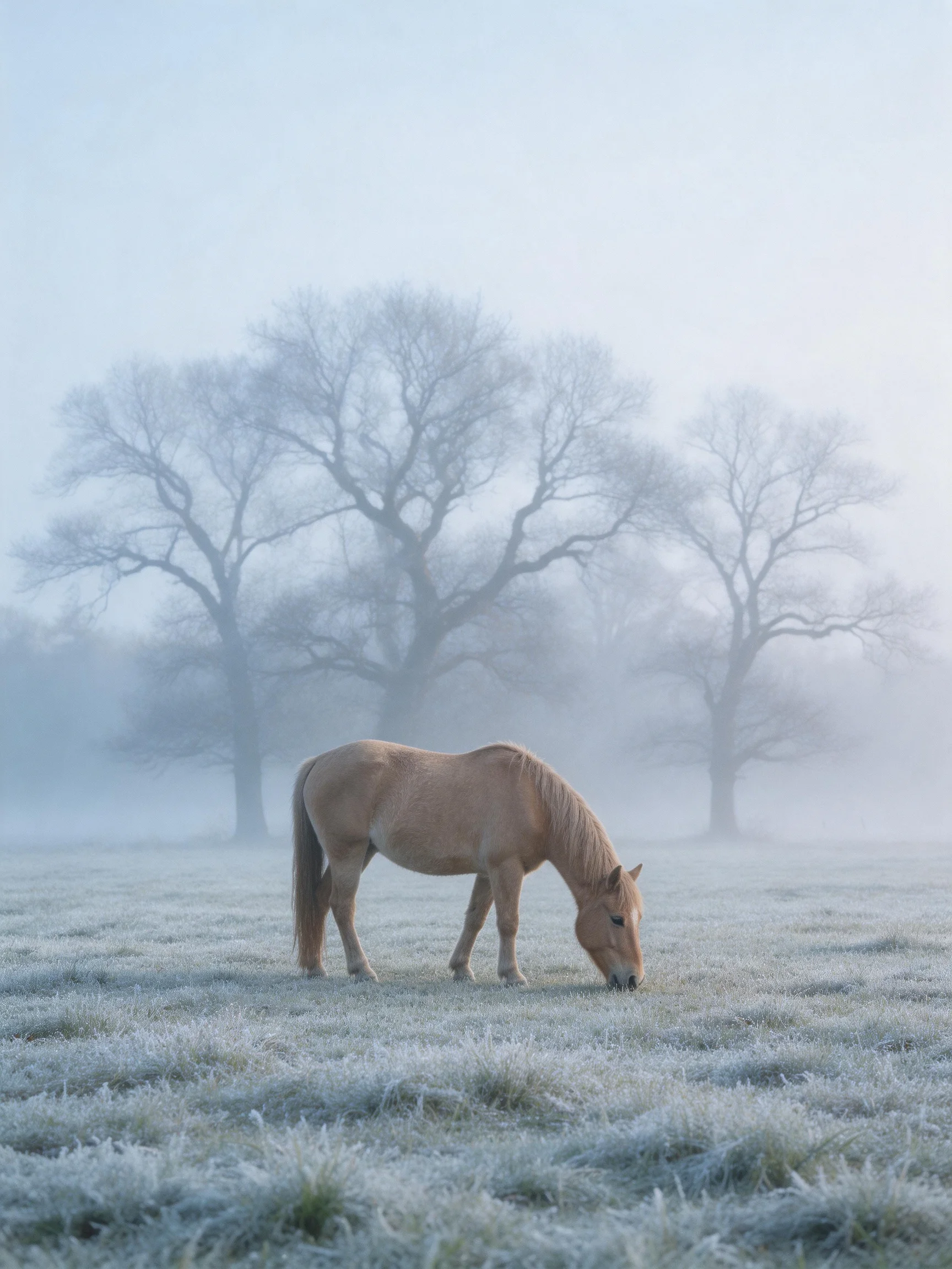 A tan horse grazes in a foggy frosty field with bare trees nearby