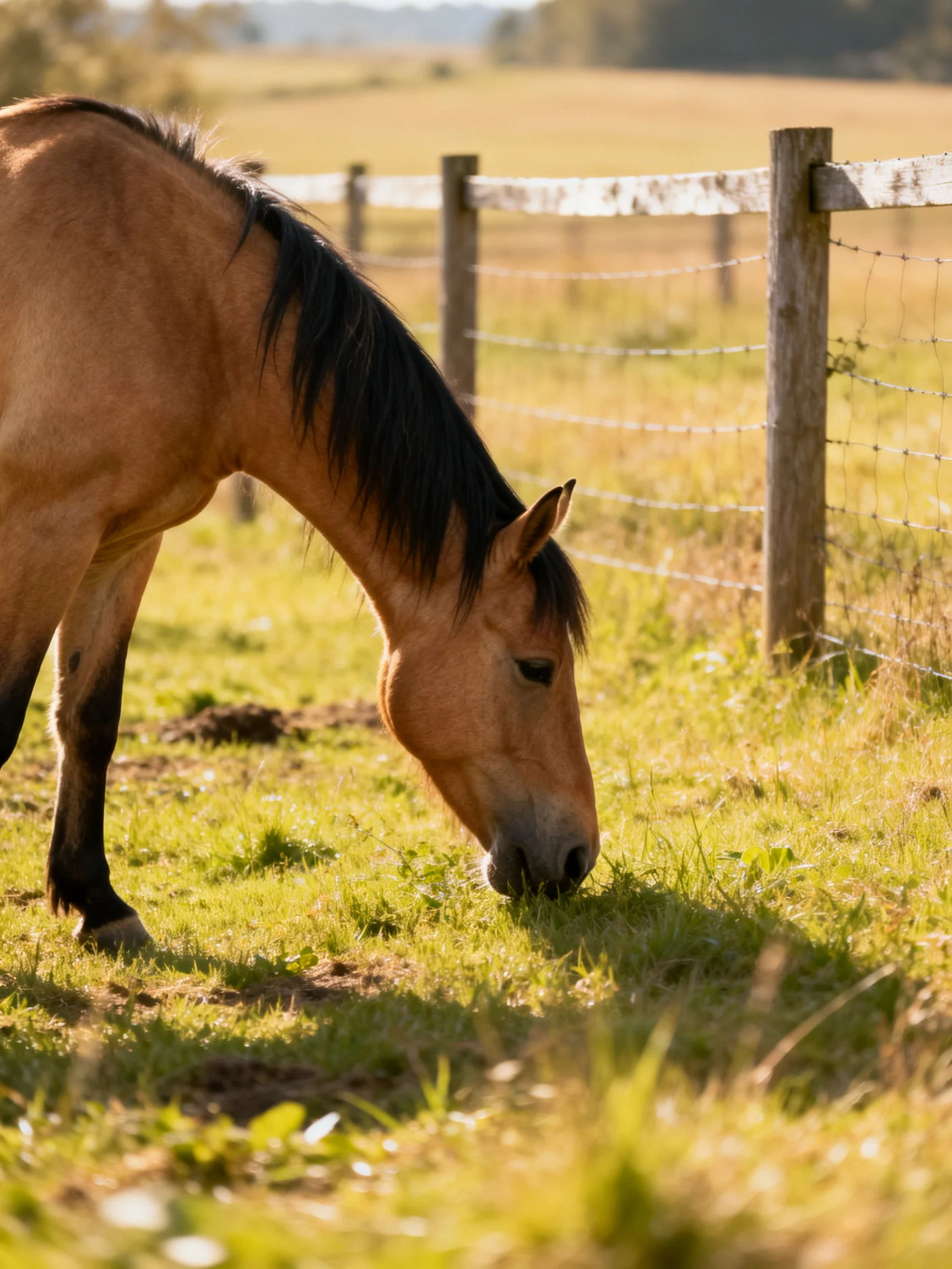 A tan horse grazes in a sunlit fenced pasture