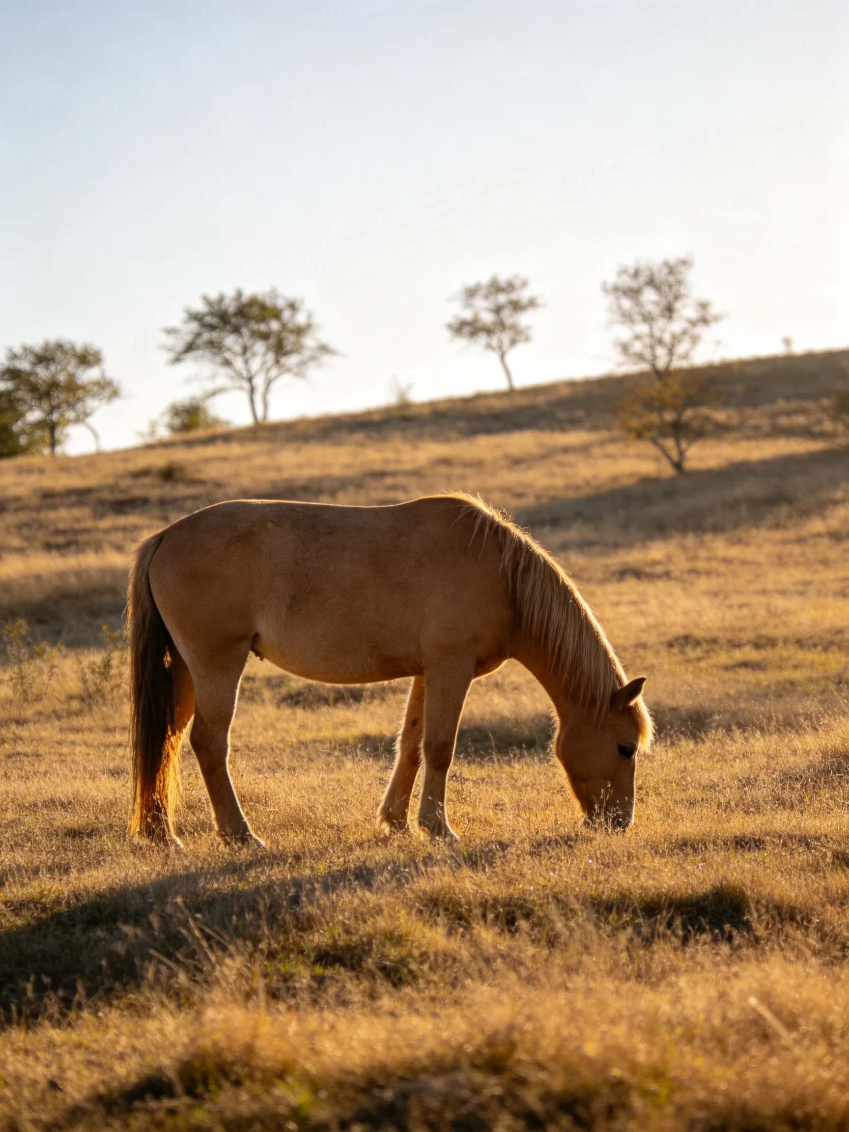 A tan horse grazes in a sunlit field near scattered trees.