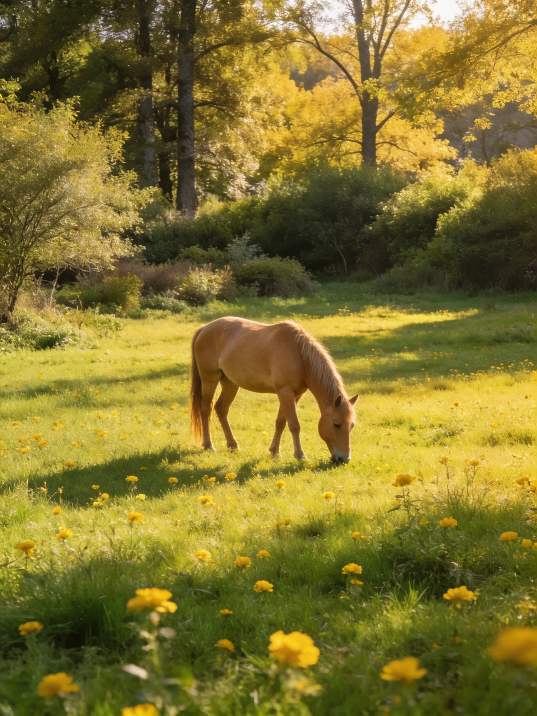 A tan horse grazes in a sunlit meadow with yellow wildflowers