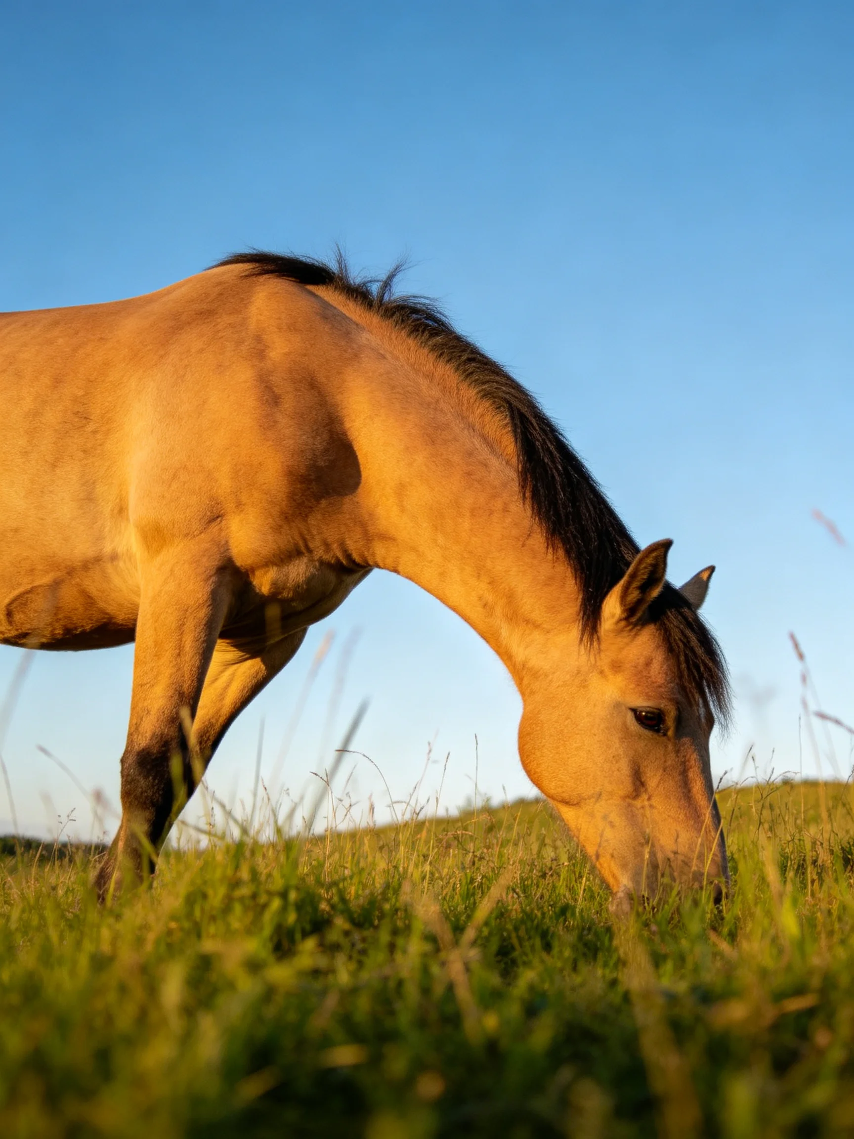 A tan horse grazes in tall green grass under a bright blue sky.